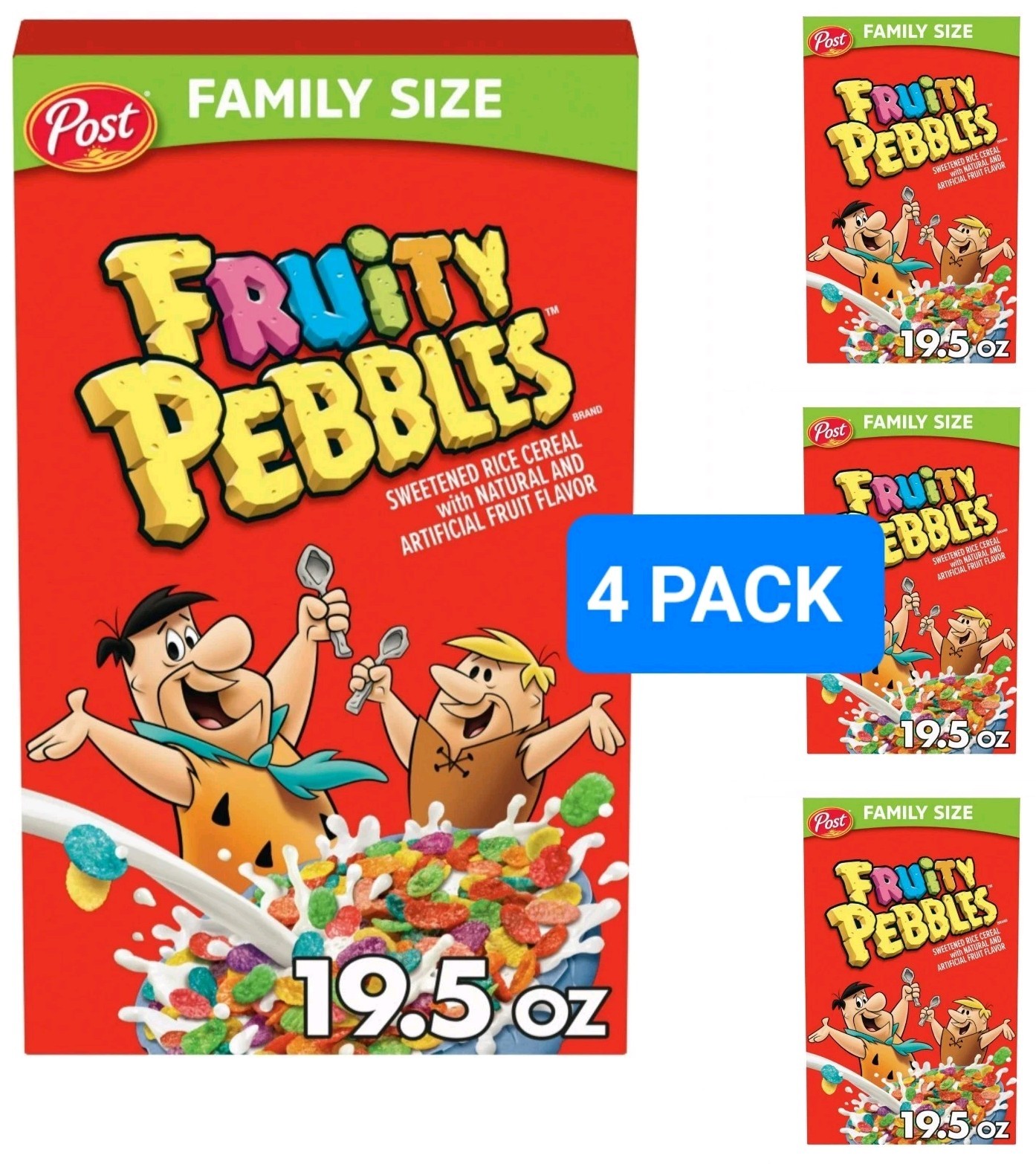 4 PACK! FAMILY SIZE Fruity Pebbles Breakfast Cereal 19.5 Oz Gluten Free