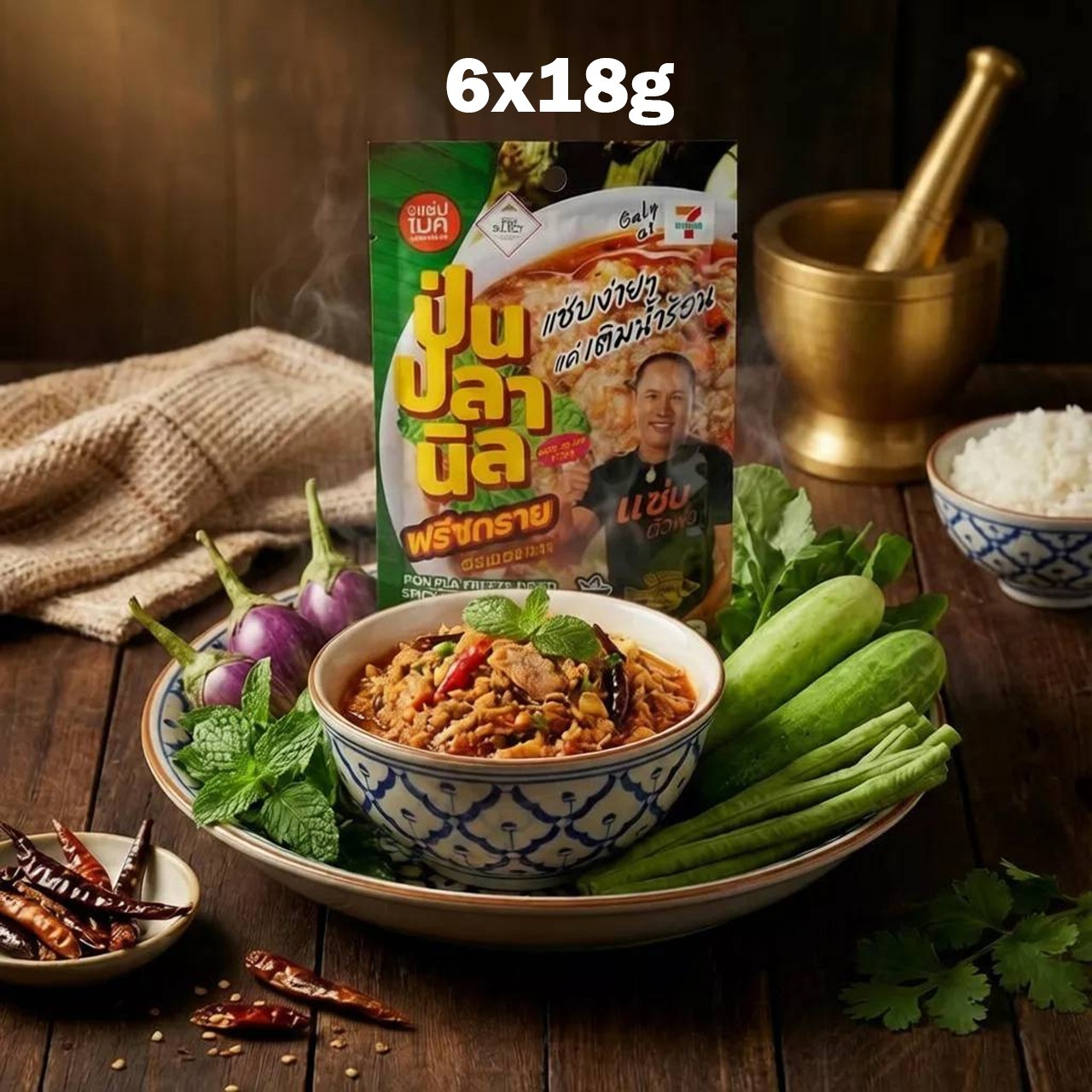 6x Pon Pla Freeze Dried Spicy Fish Dip 18g Thai Traditional Food Easy to Eat Ser