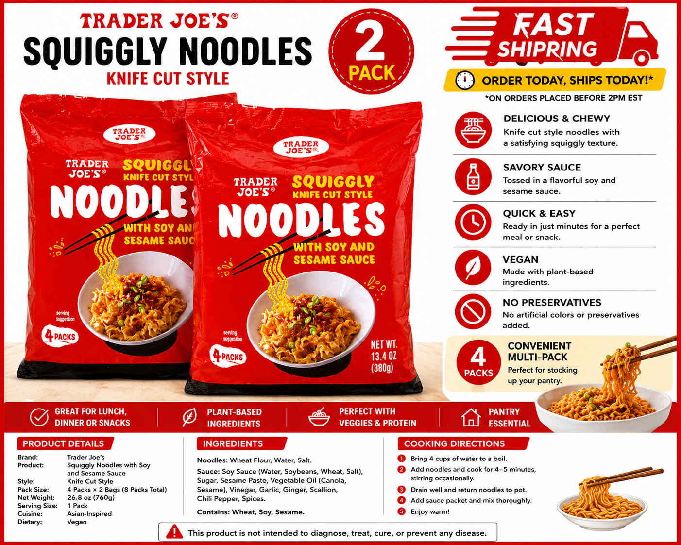 2PACK-TRADER JOE’S Squiggly Knife Cut Style Noodles 13.4Oz