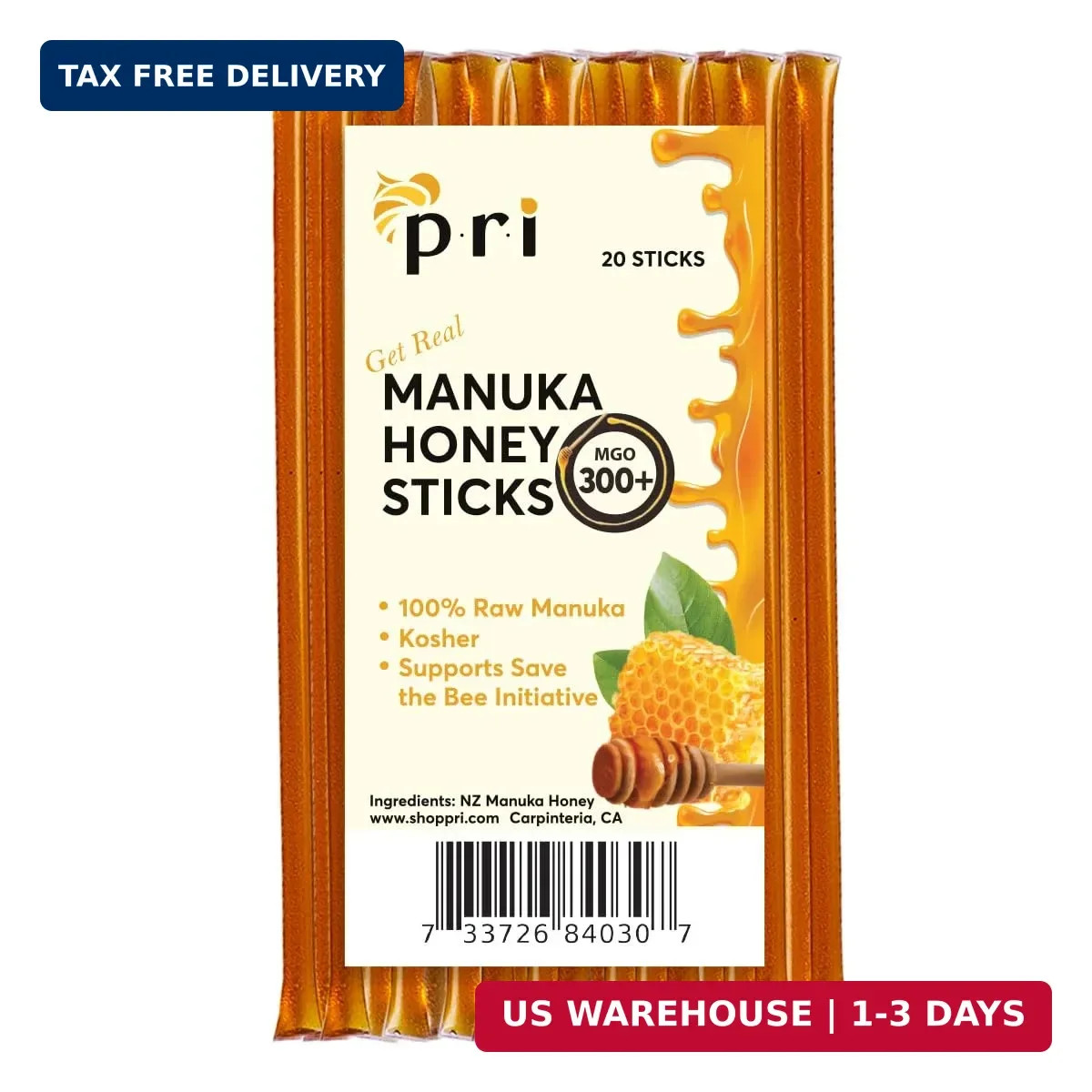 P.R.I Manuka Honey Sticks, MGO 300+, Raw New Zealand Manuka Honey, Premium Singl