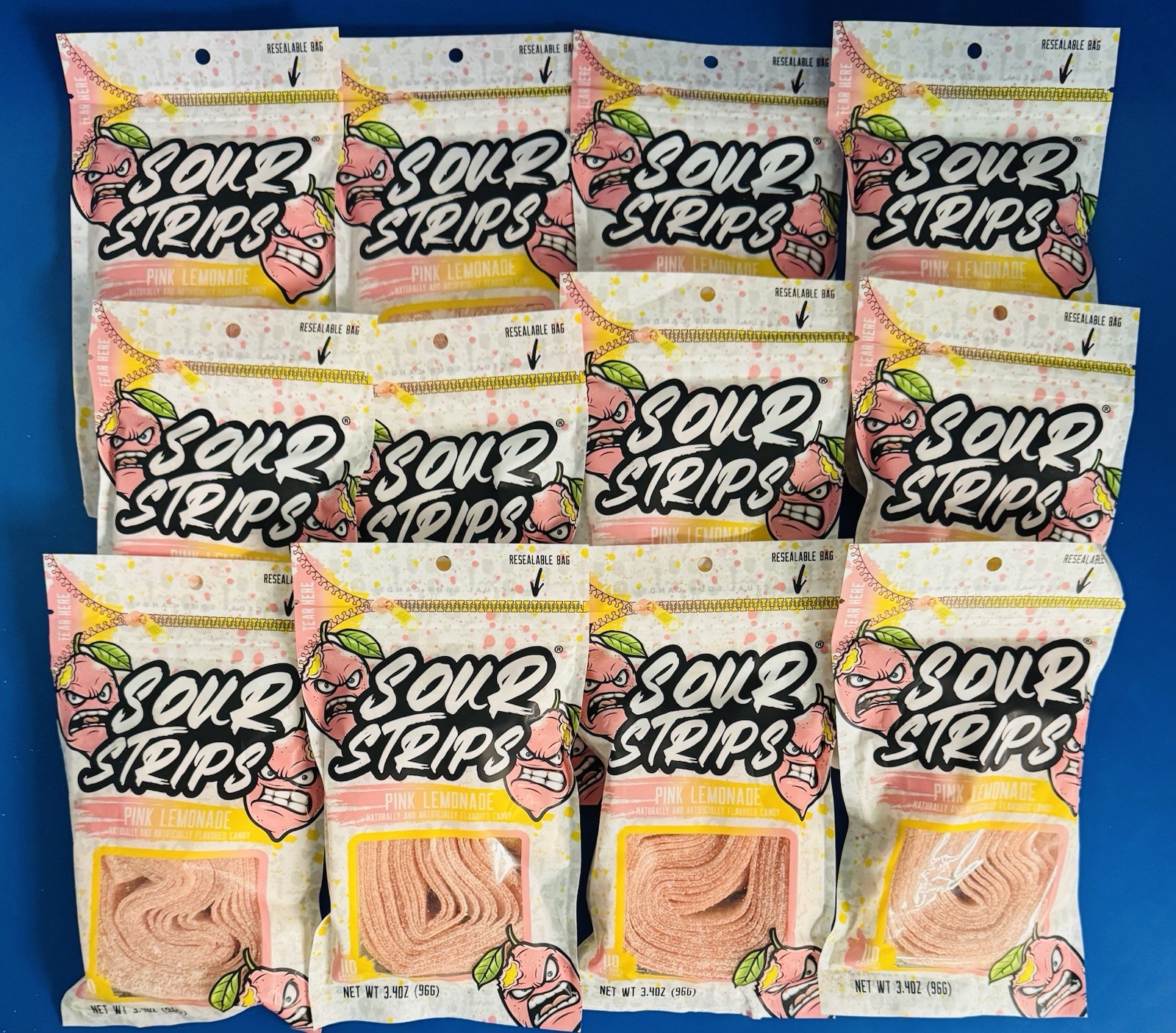 (12) Sour Strips Pink Lemonade Candy 3.4oz. Bulk Lot BB: 05/2027