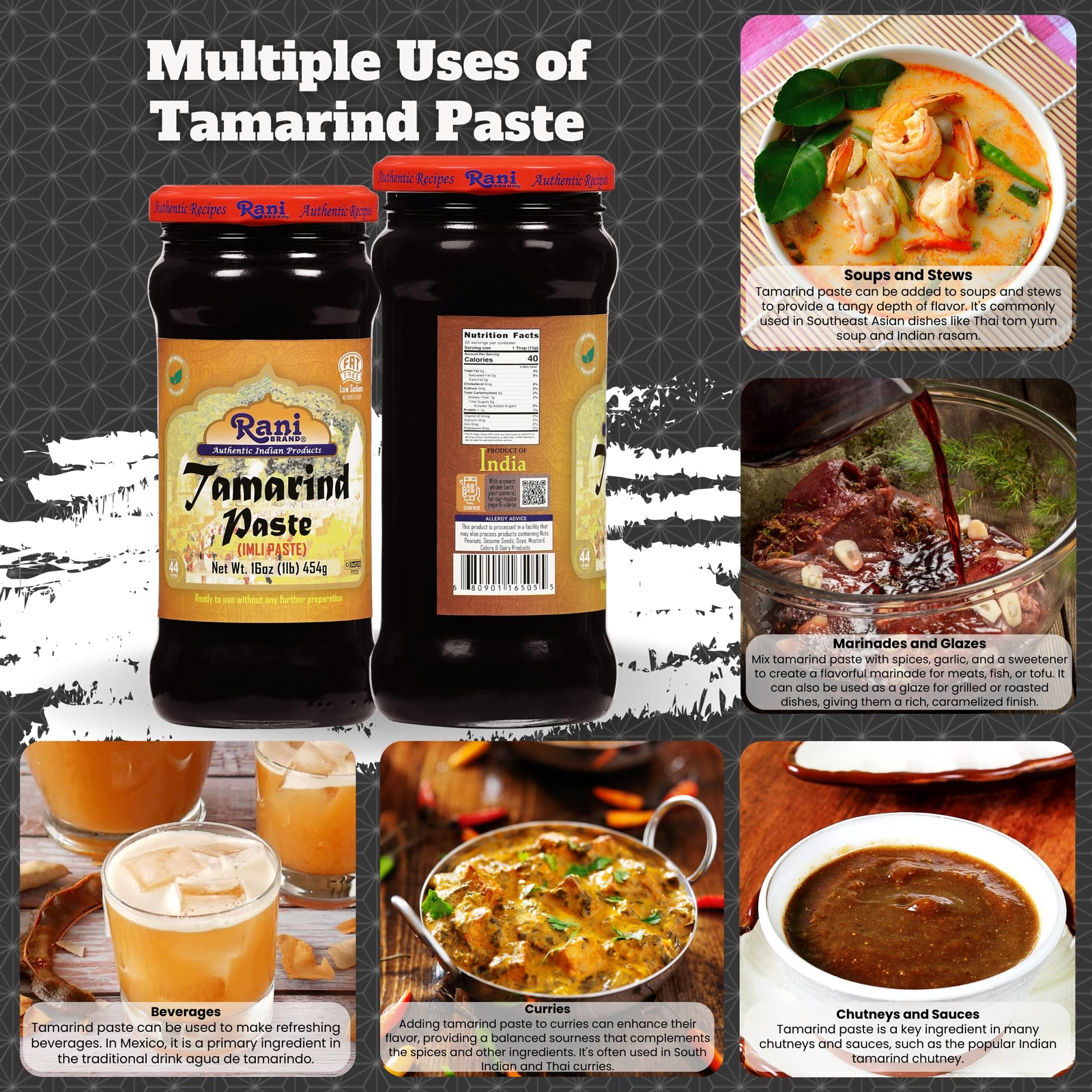 Rani Tamarind Paste Puree (Imli) 16oz (1lb) 454g Glass Jar