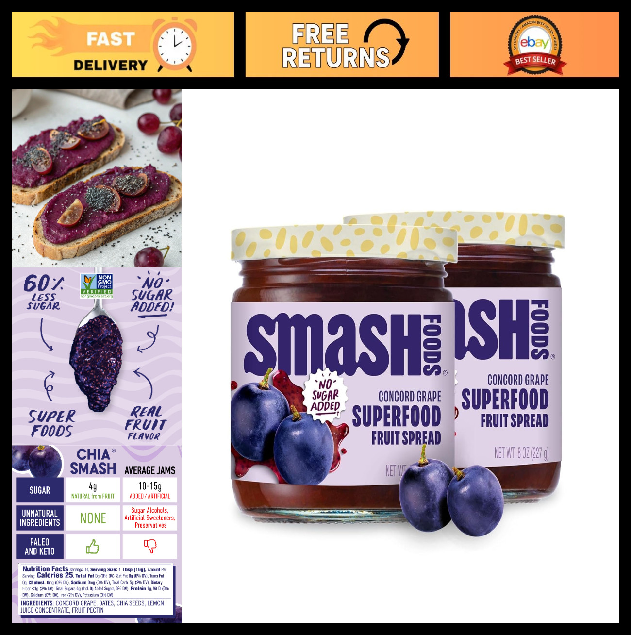 Grape Jam Superfood Spread – 2 Jars, No Added Sugar, Chia Seeds, Vegan, Paleo, 8