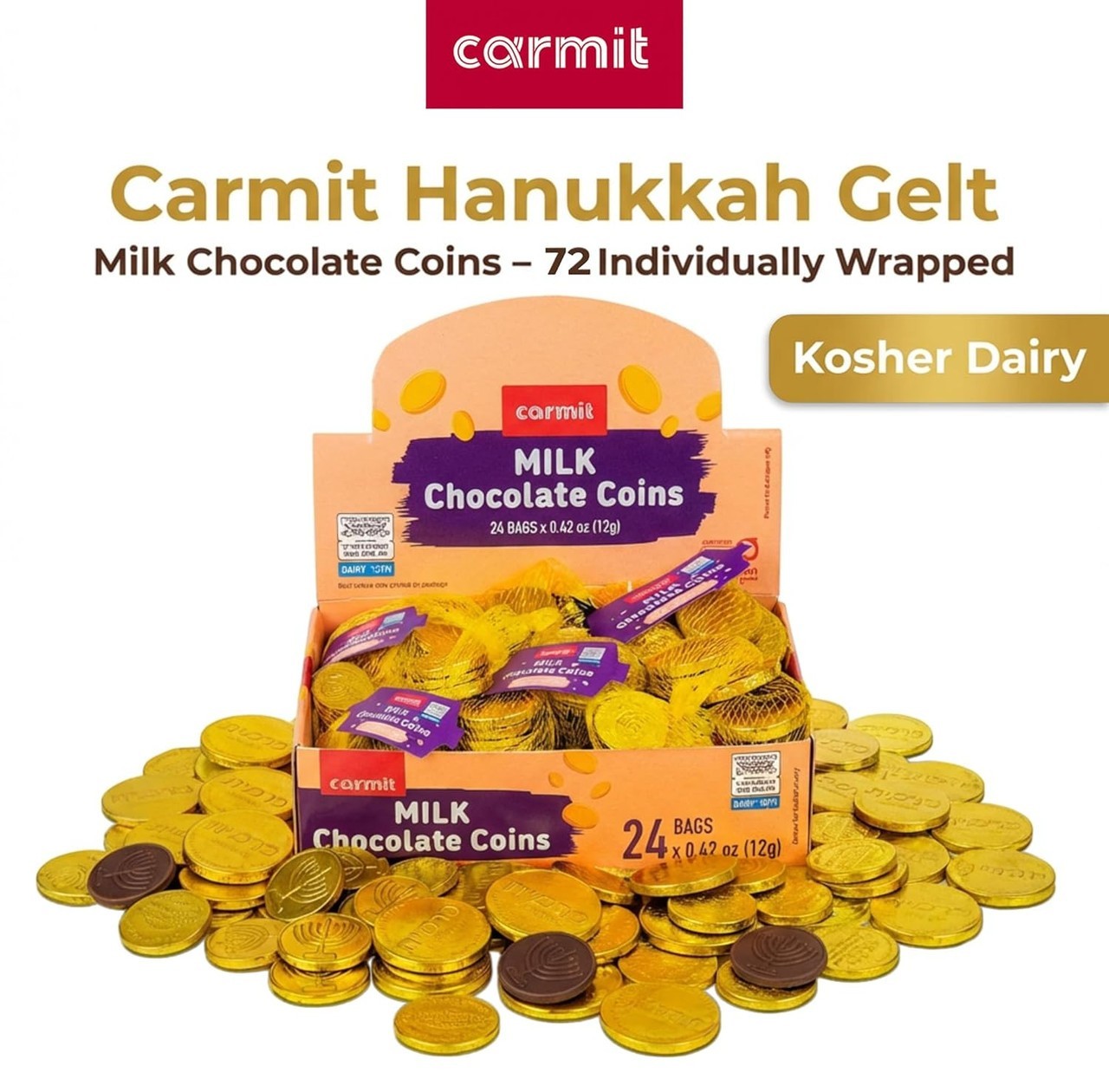 Carmit Milk Chocolate Coins Gold Foil Kosher Dairy Hanukkah Gelt Bulk 576 Bags
