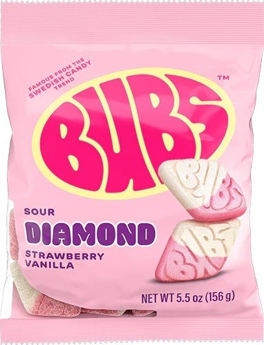 Bubs Sour Strawberry Vanilla Diamonds Flavor 5.5oz Bag Authentic Swedish Candy