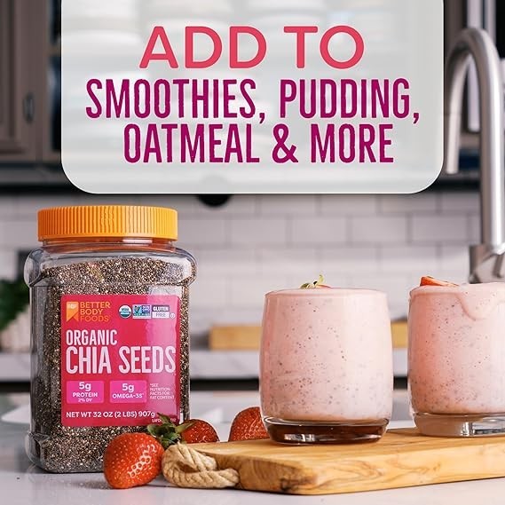 BetterBody Foods Organic Chia Seeds 2 lbs, 32 Oz, with Omega-3, Non-GMO, Gluten