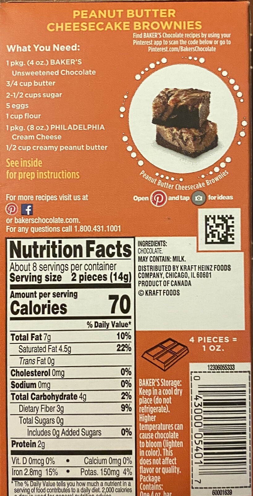 BAKER’S Unsweetened Chocolate 100% CACAO Bar 4oz – 1 Premium Baking Bar