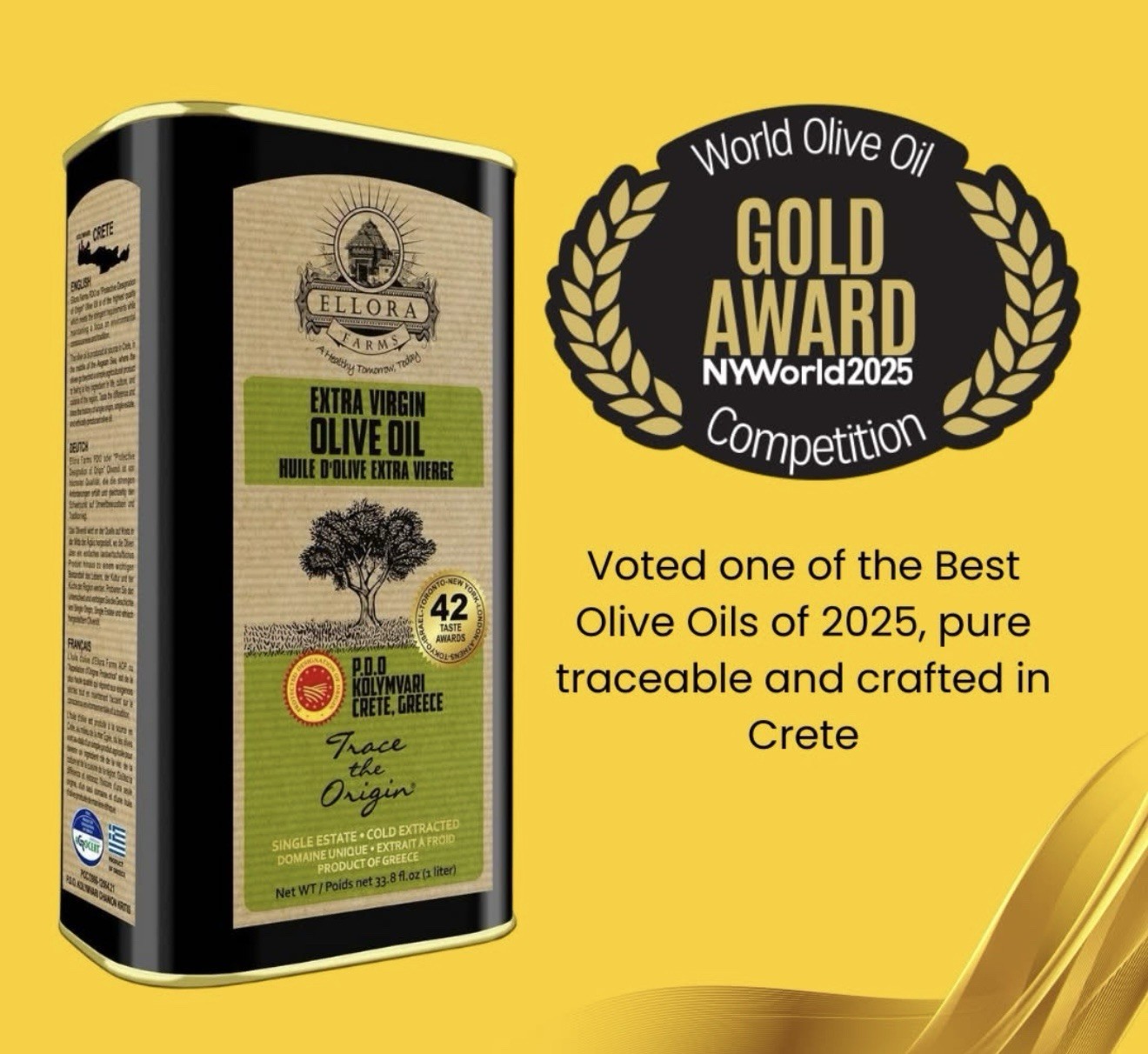 Single Estate PDO Greek Extra Virgin Olive Oil, Global Gold Awards, 33.8oz X 2