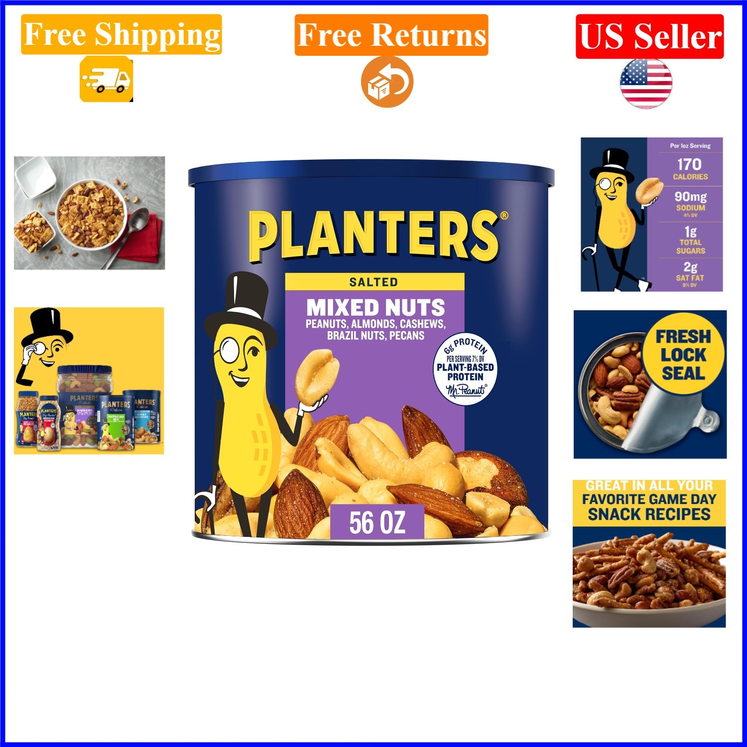 Salted Mixed Nuts 56oz Canister with Peanuts, Almonds, Cashews & More