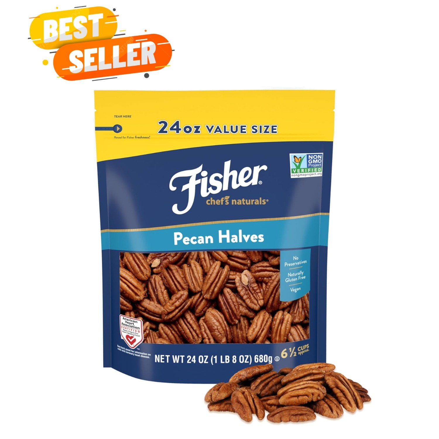 Pecan Halves 24 oz Resealable Bag, Unsalted Raw Nuts for Cooking, Baking & Sn…