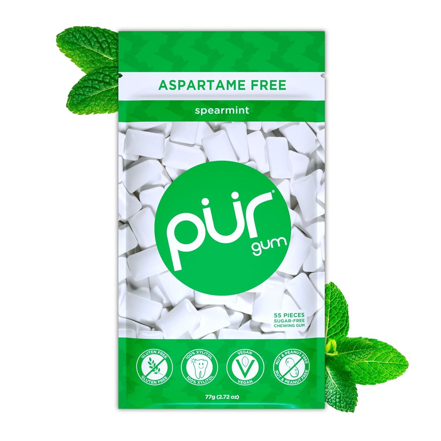 PUR Gum | Aspartame Free Chewing Gum | 100% Xylitol | Natural Spearmint Flavored