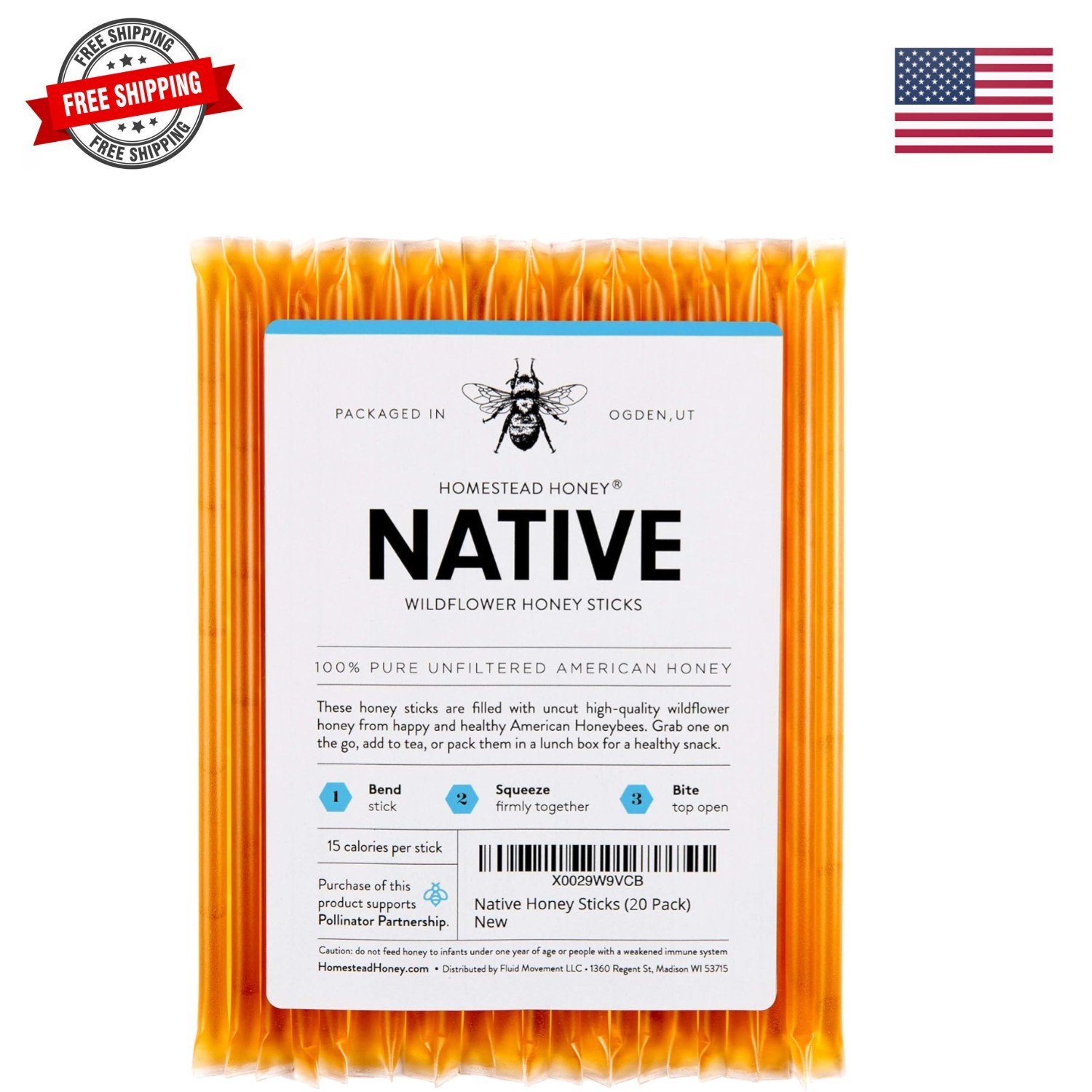 20-Pack Honey Sticks – Sweet Pure Wildflower Honey Packets for Tea and Snacks…