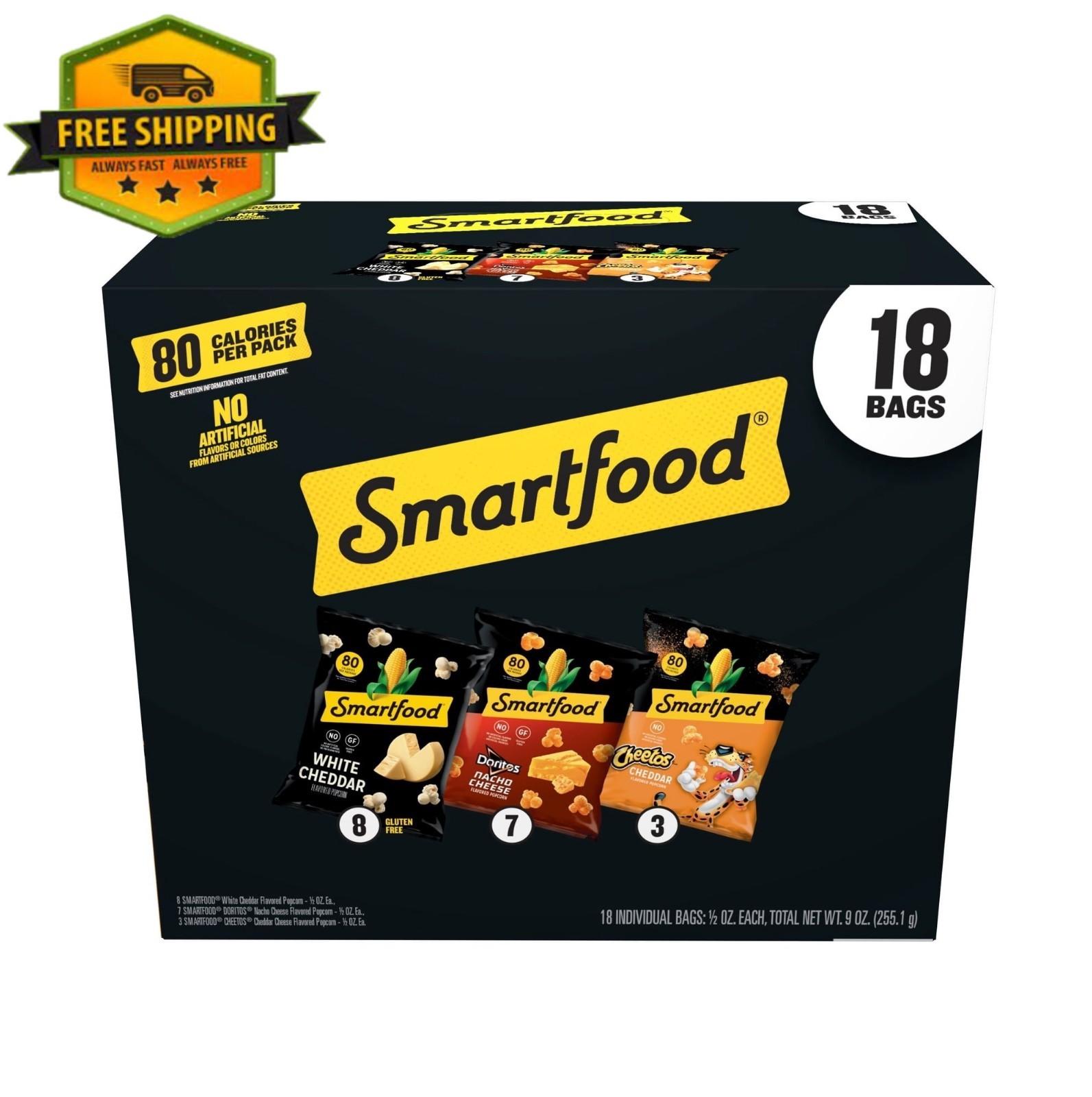 Smartfood Popcorn Variety Pack White Cheddar, Nacho Cheese, Cheeto, 18 Snack Bag