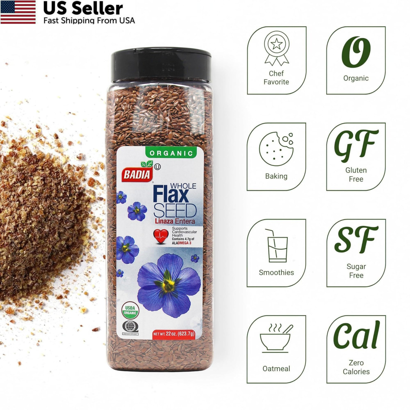 Badia Organic Whole Flax Seed, 22 oz – Superfood High in Fiber & 22 Ounce