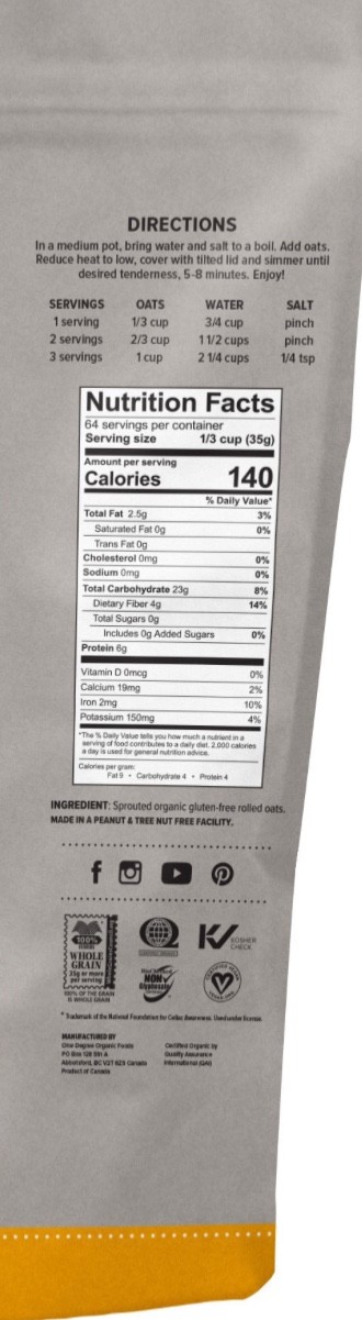 One Degree Organic Gluten Free Sprouted Rolled Oats 5 Lbs (80 Oz) EXP 04/2027