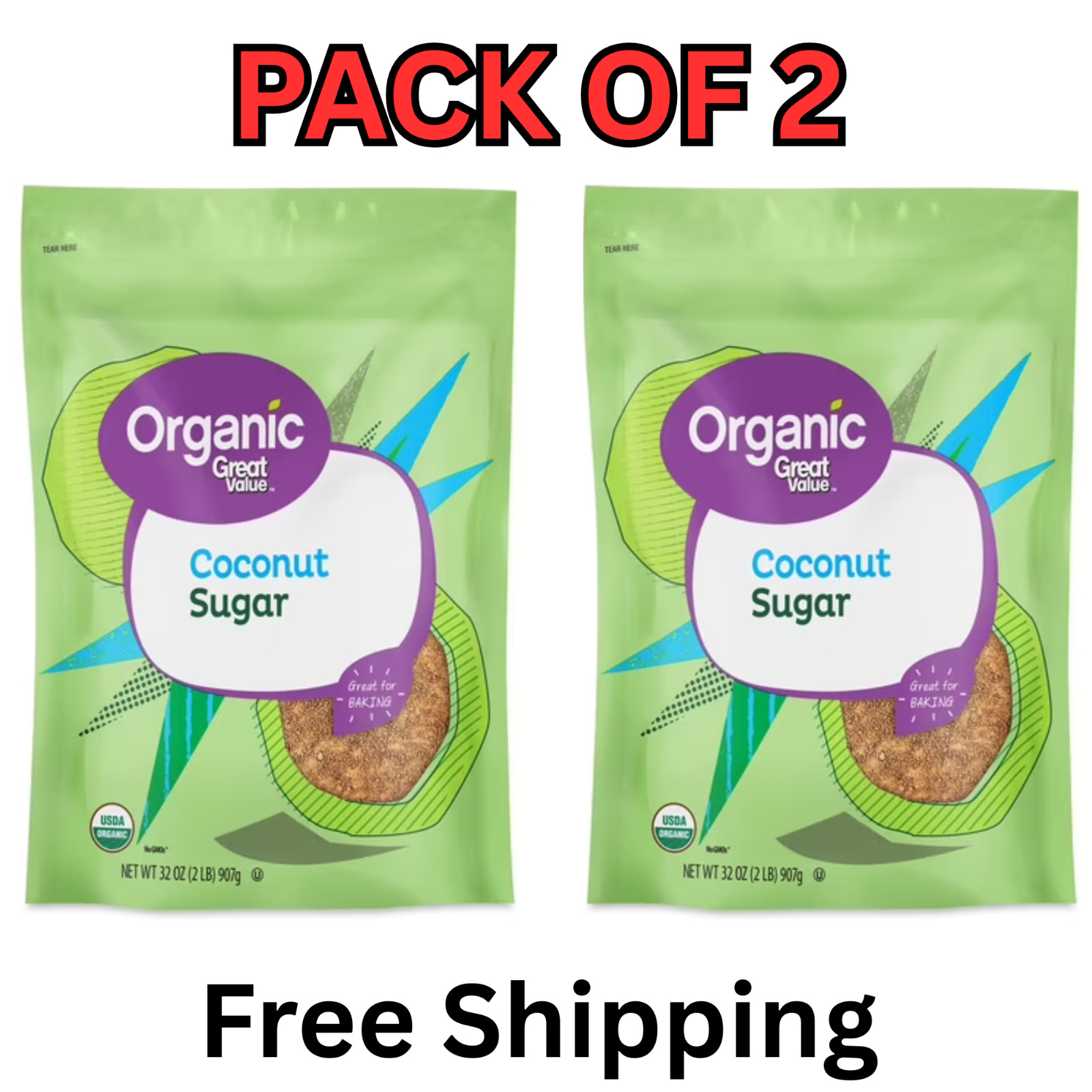 Great Value Organic Coconut Sugar, 32 oz (2 Pack) – Free Shipping