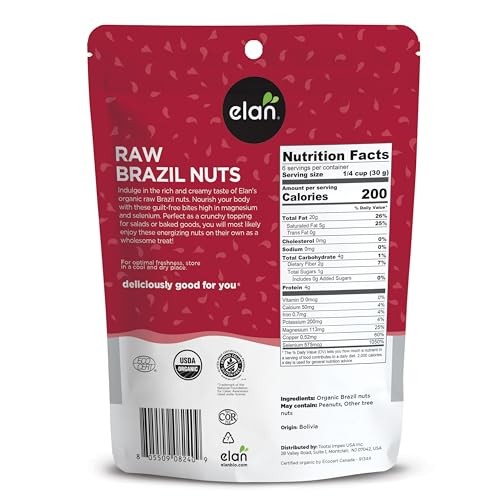 Elan Organic Brazil Nuts 6.5 Oz Superfood Snack High In Magnesium And Selenium