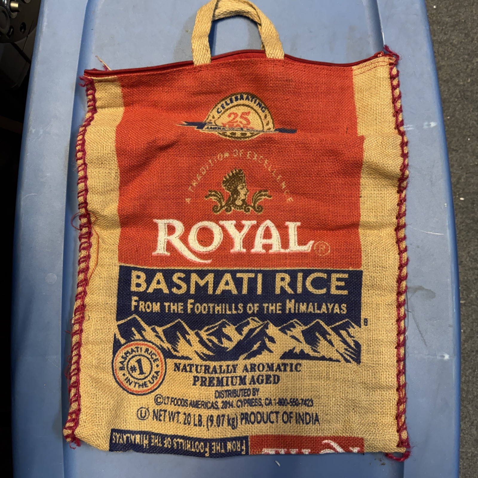 Royal Basmati Rice Bag 20lbs Burlap Handles Zipper Heavy Duty 25th Anniv No Rice