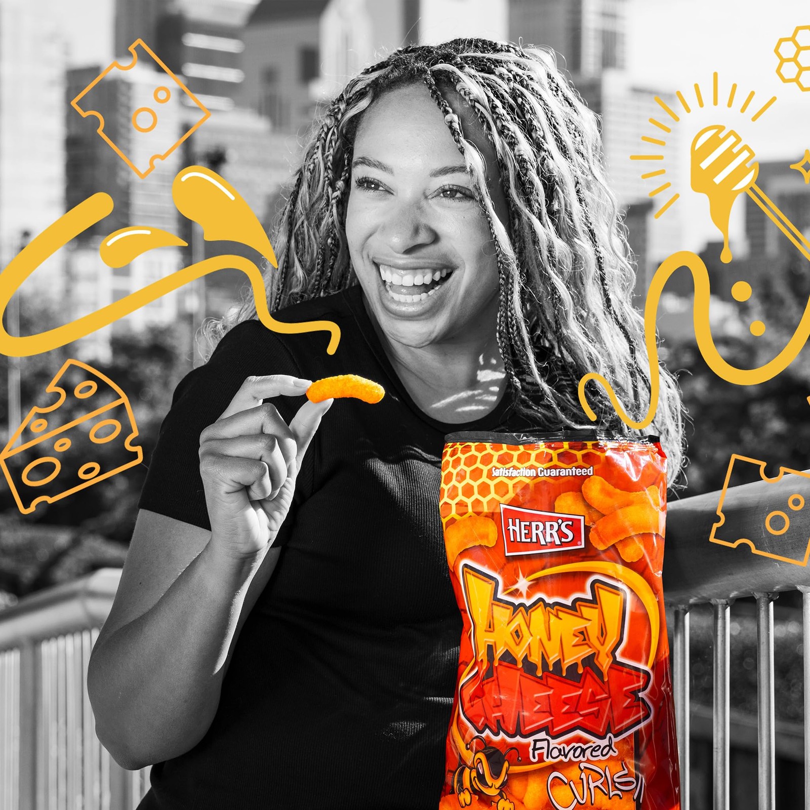 Herr’s Honey Cheese Flavored Curls, Gluten Free Snacks, 1.25oz Bag (24 Count)