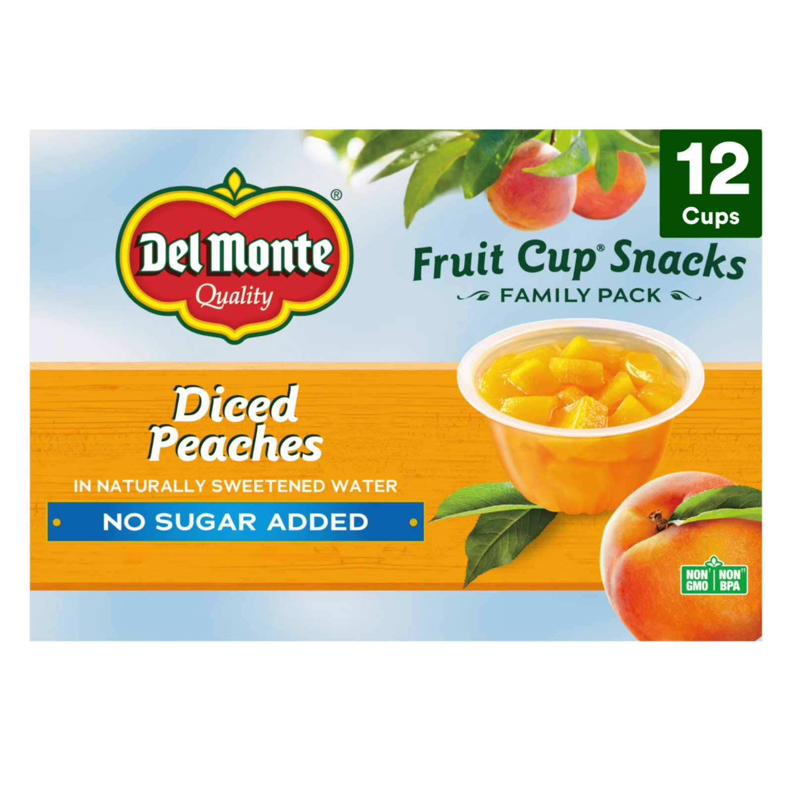 Del Monte No Sugar Added Diced Peaches Fruit Cup Snacks 3.75 oz Cup (12 cups)