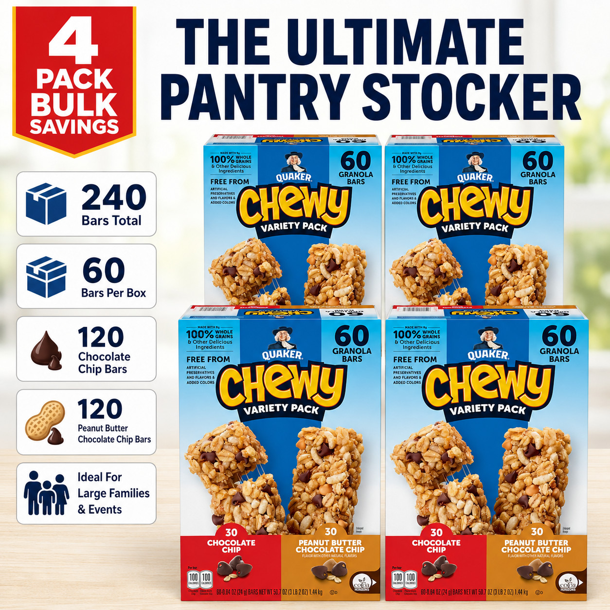 4 Pack Quaker Chewy Granola Bars, Variety Pack, 0.84 oz, 60-count