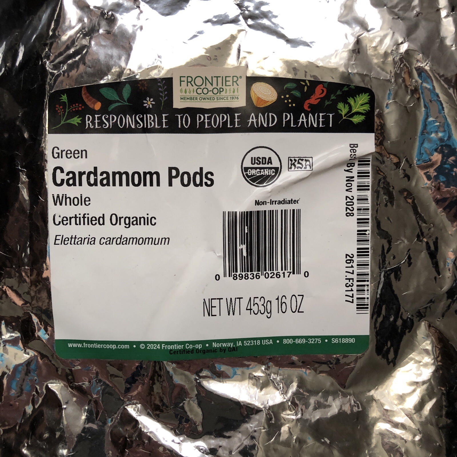 Frontier Co-Op Organic Whole Green Cardamom Pods 16 OZ (1 lb 453g BB Nov 2028