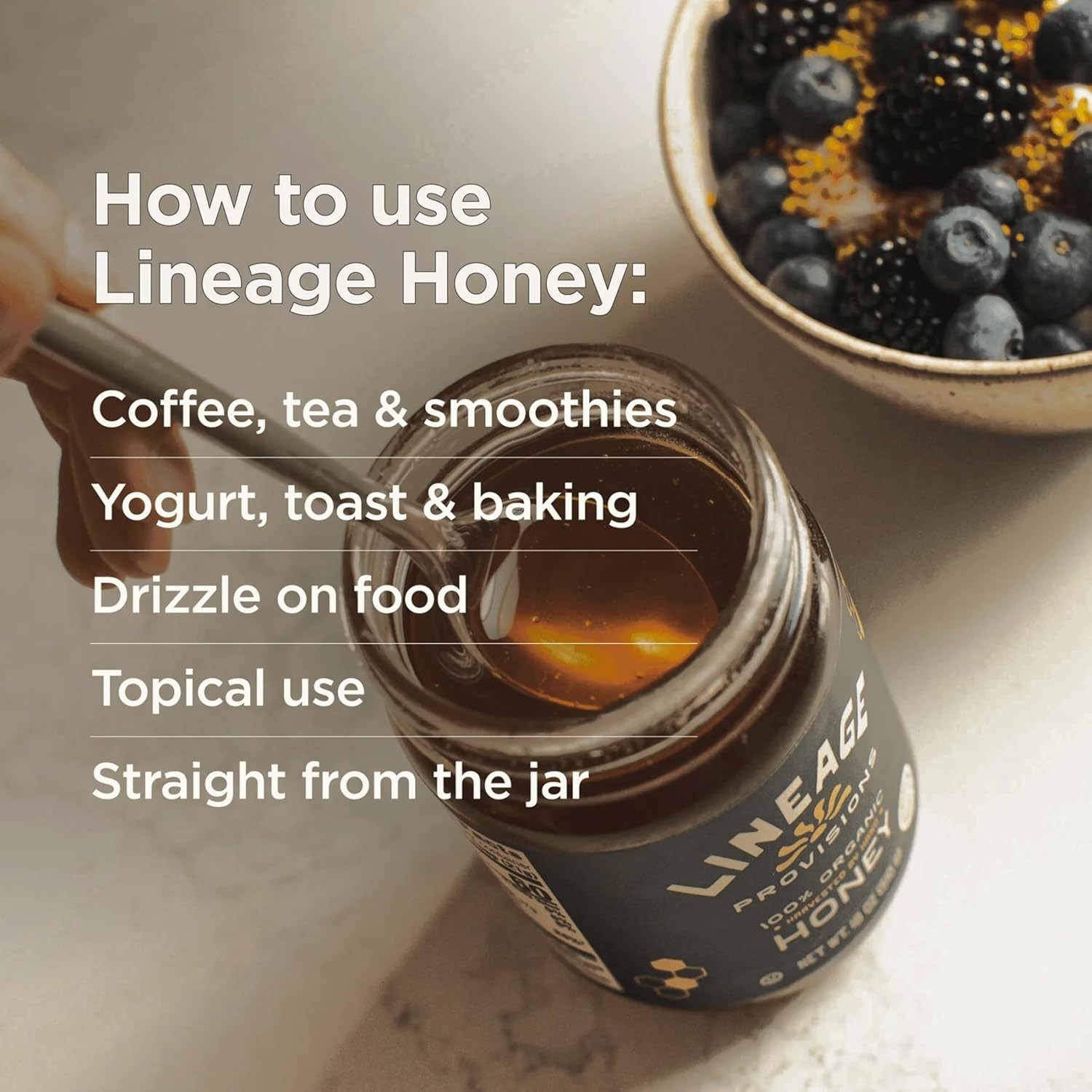 Lineage Provisions 100% Organic Raw Unfiltered Honey Pure 18oz Glass Jars 3-Pack