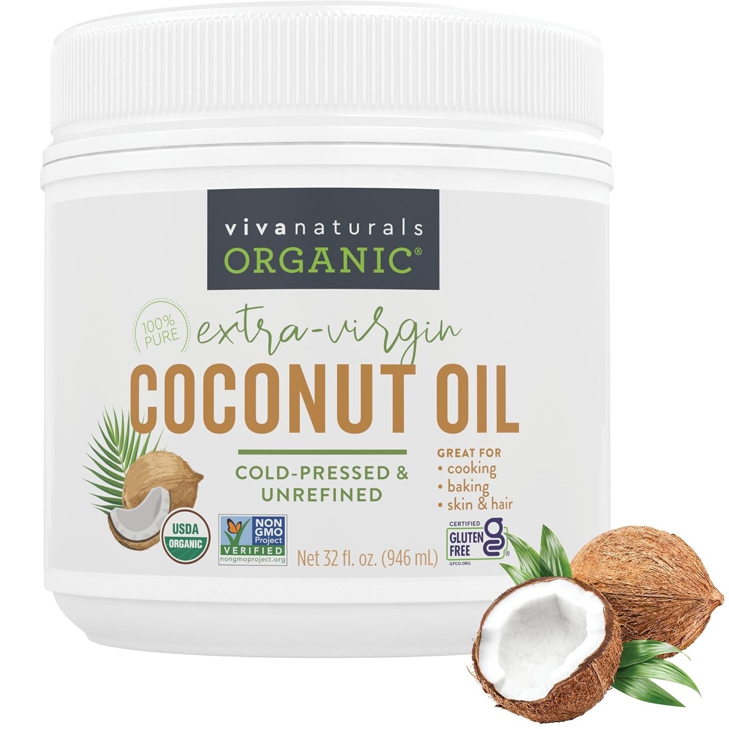Organic Coconut Oil, 32 Fl Oz – Unrefined, Cold-Pressed Extra Virgin Coconut Oil