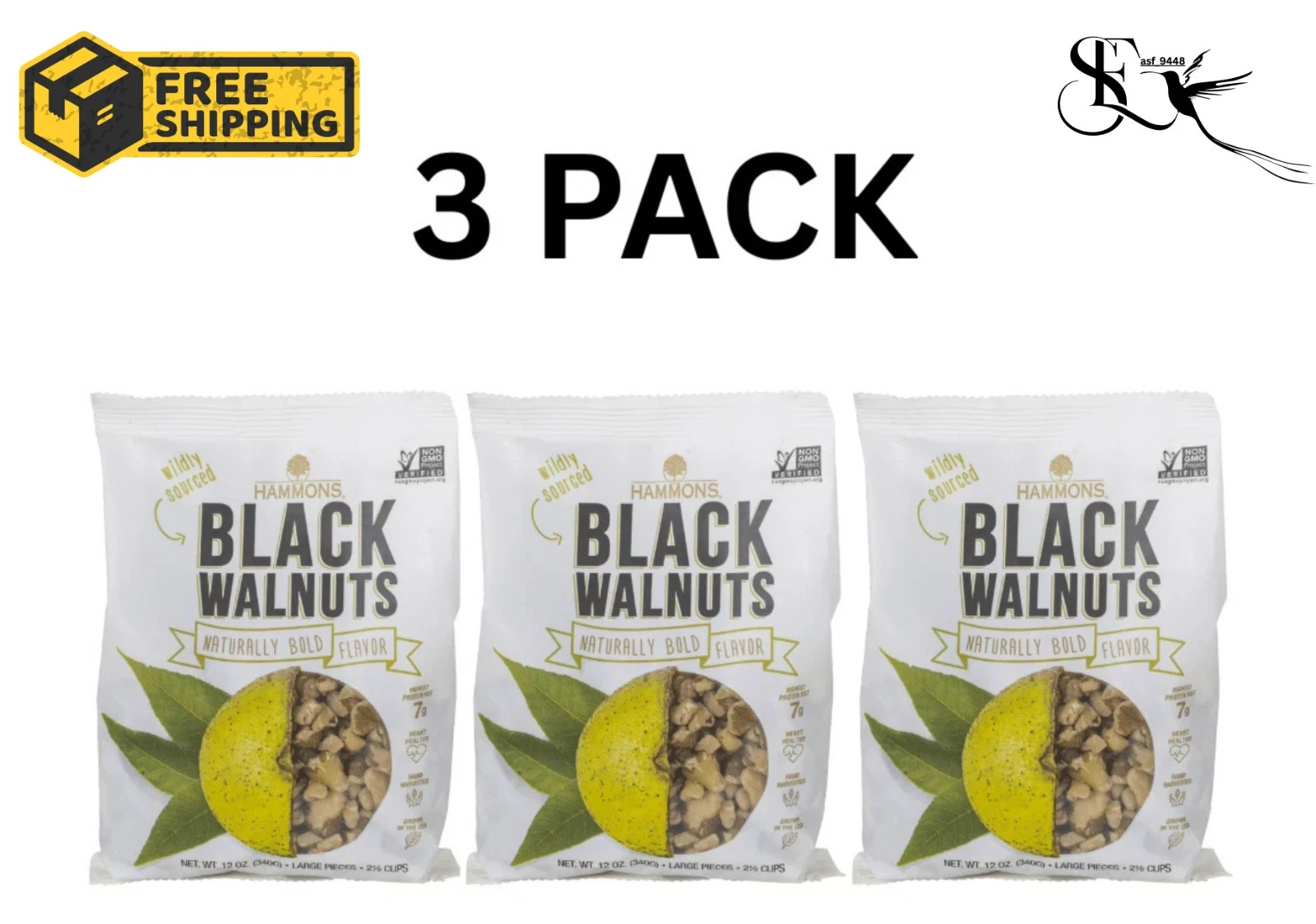Hammons Black Walnuts Large Pieces 12 Oz Bags Pack of 3 Baking Cooking Snacks