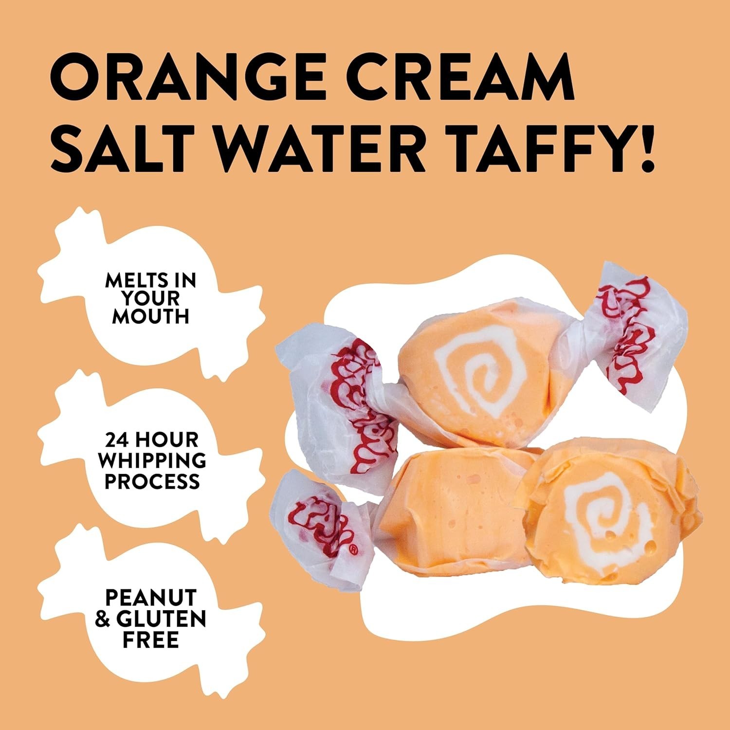 Taffy Town ORANGE CREAM Salt Water Taffy Bulk Candy | 1~2 LB | Free Shipping