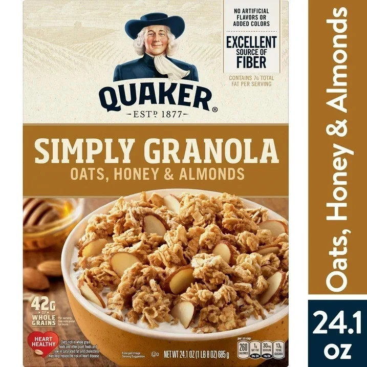 Quaker Simply Granola, Oats, Honey & Almonds Cereal, Ready-to-Eat, 24.1 oz Box