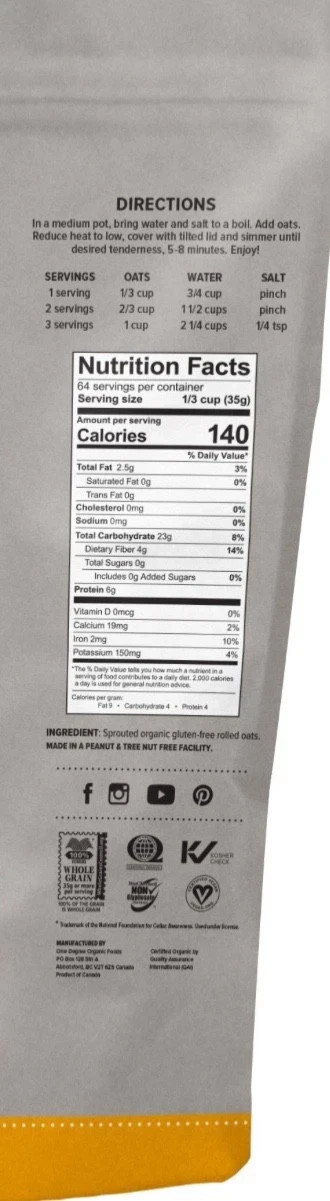One Degree Organic Gluten Free Sprouted Rolled Oats 5 Lbs (80 Oz) EXP 04/2027