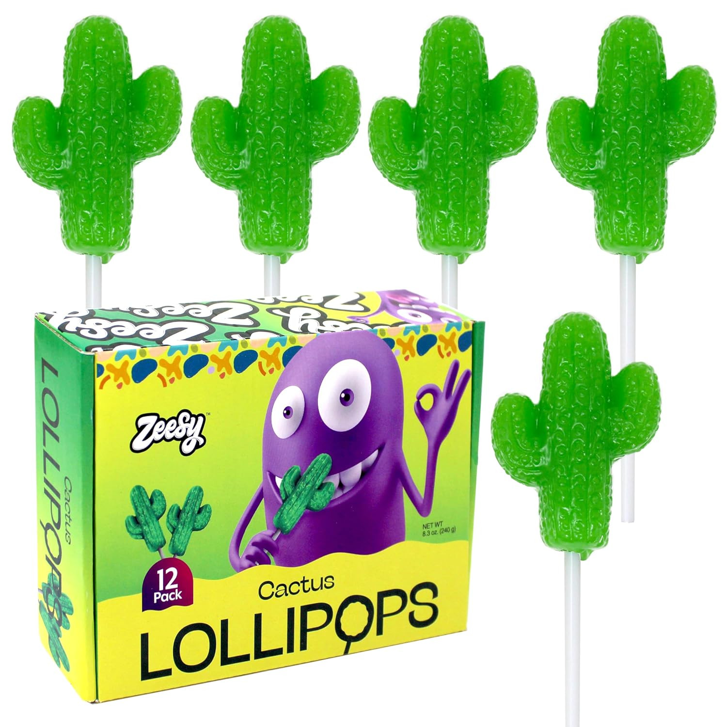 Cactus Lollipops Individually Wrapped – 12 Fiesta Cactus Candy Suckers for Fiest