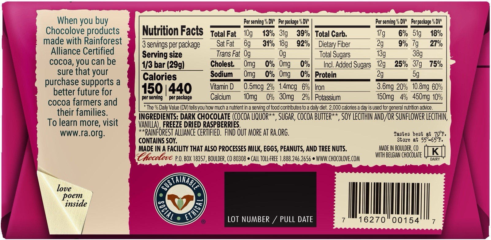 Chocolove Premium Dark Chocolate Raspberries Bars 3.1 Oz Pack Of 4