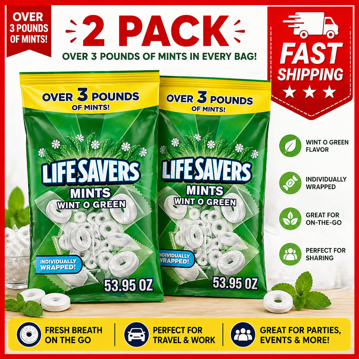 2PACK Life Savers Wint-O-Green Mints Hard Candy, 3 lbs. Bulk Party-Size Bag