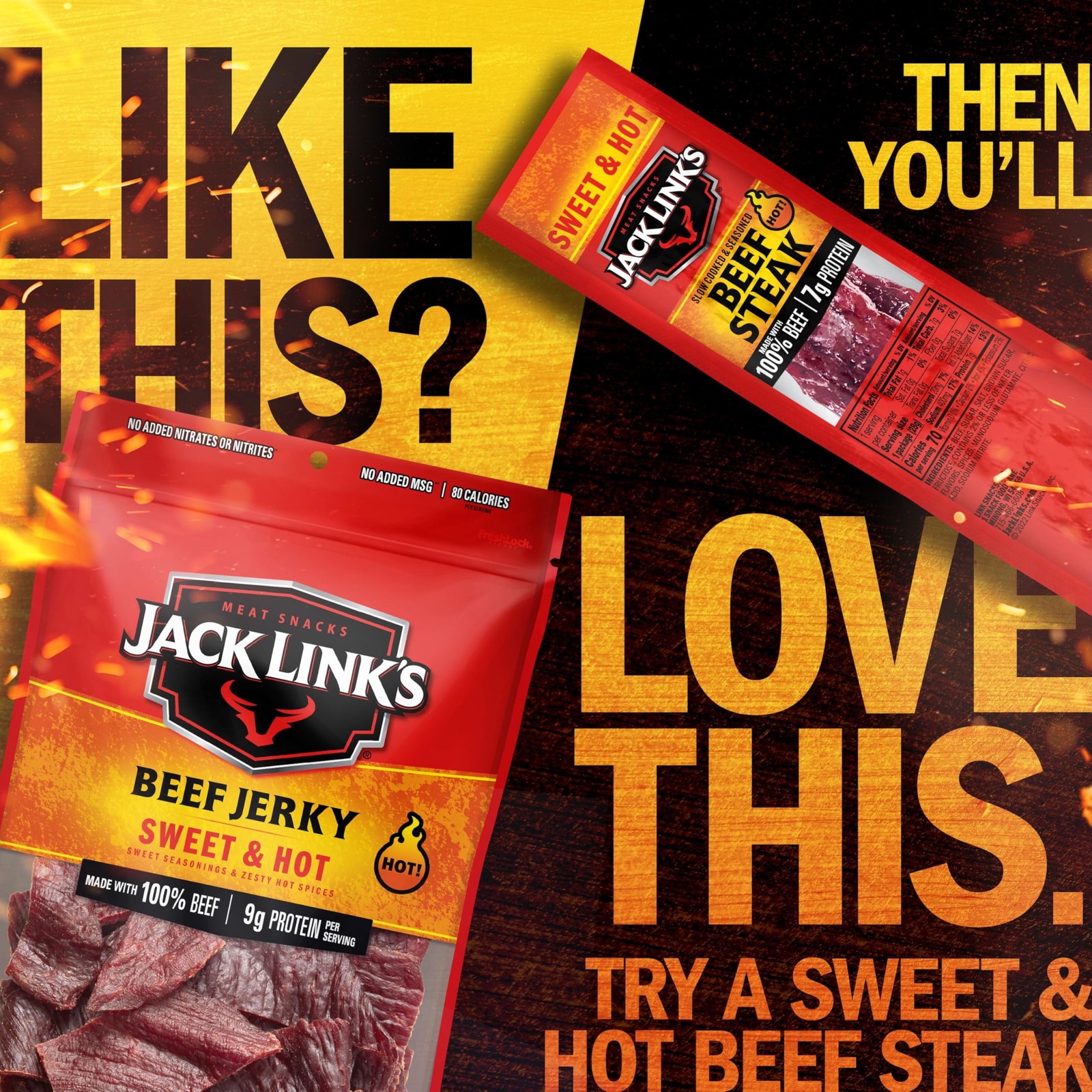 Jack Link’s Beef Jerky, Sweet & Hot – Spicy Everyday Snack, 9g of Protein and 80