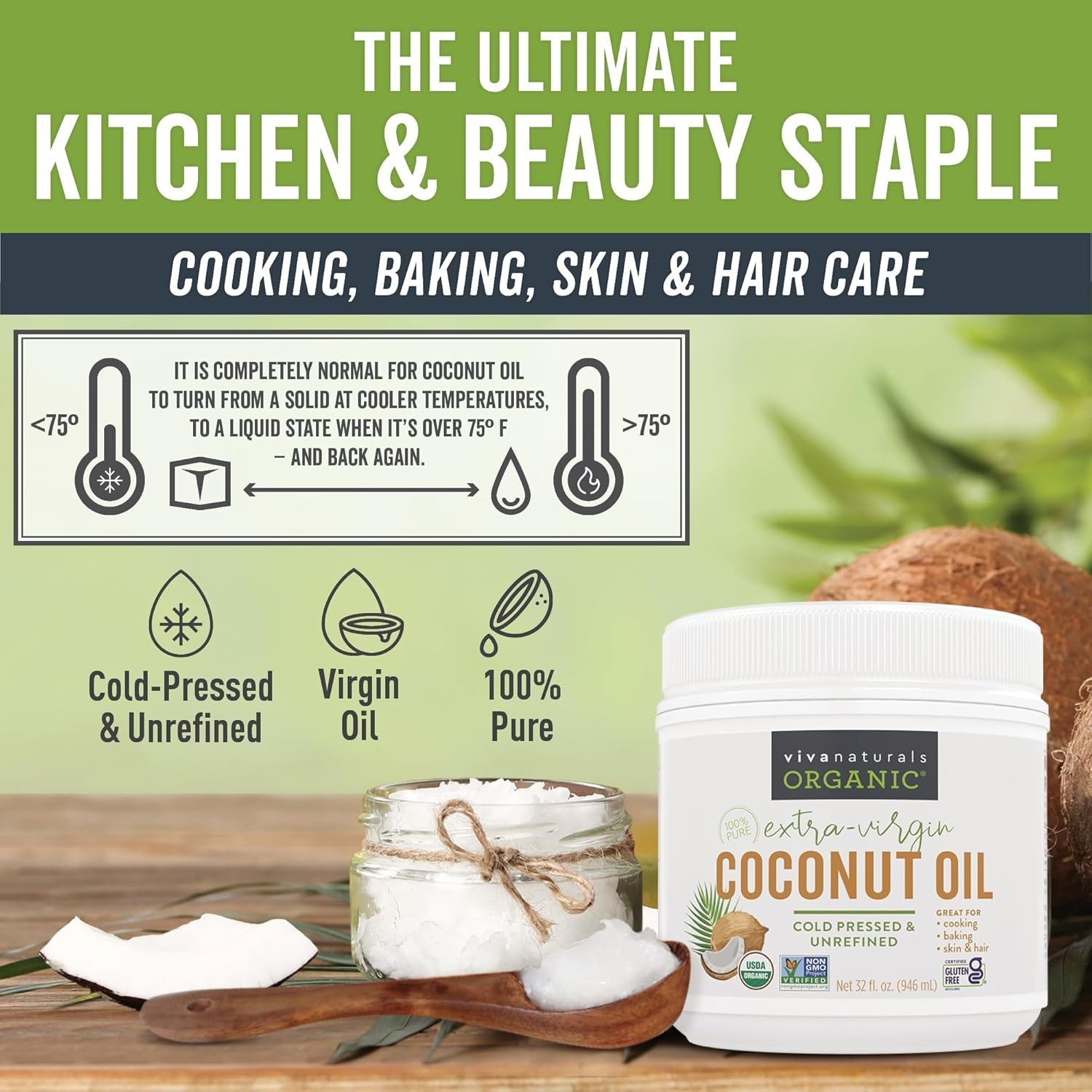 Organic Coconut Oil, 32 Fl Oz – Unrefined, Cold-Pressed Extra Virgin Coconut Oil