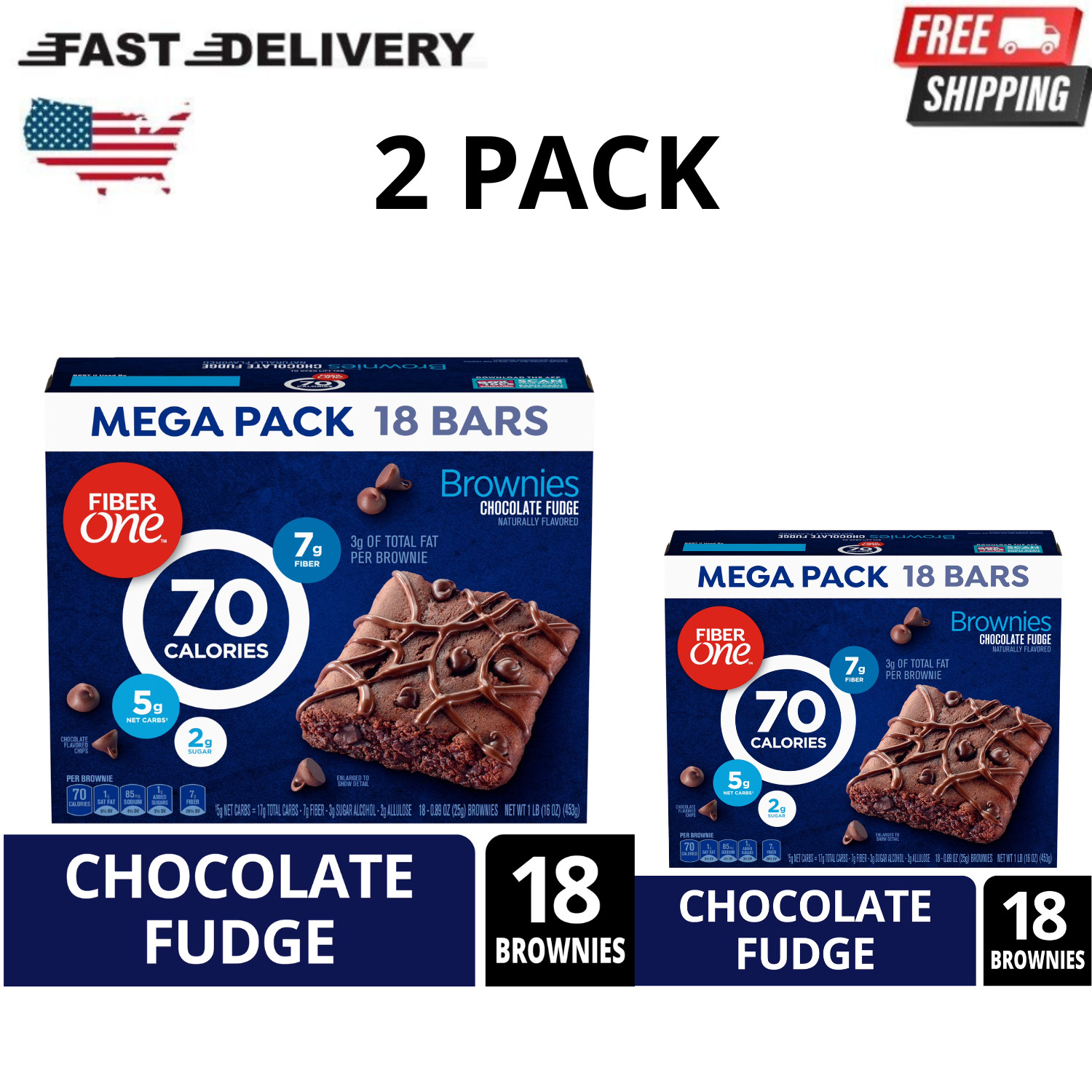 Fiber One 70 Calorie Chocolate Fudge Brownies Snack Bars 18 Ct 16 Oz, 2 Pack