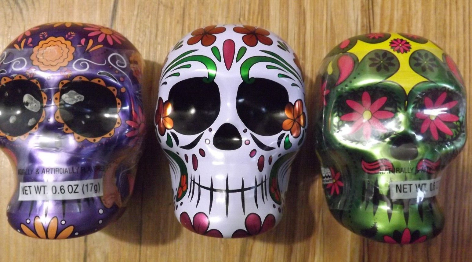 NEW LOT of 3 Halloween Day of the Dead sugar skull tins with smarties candy