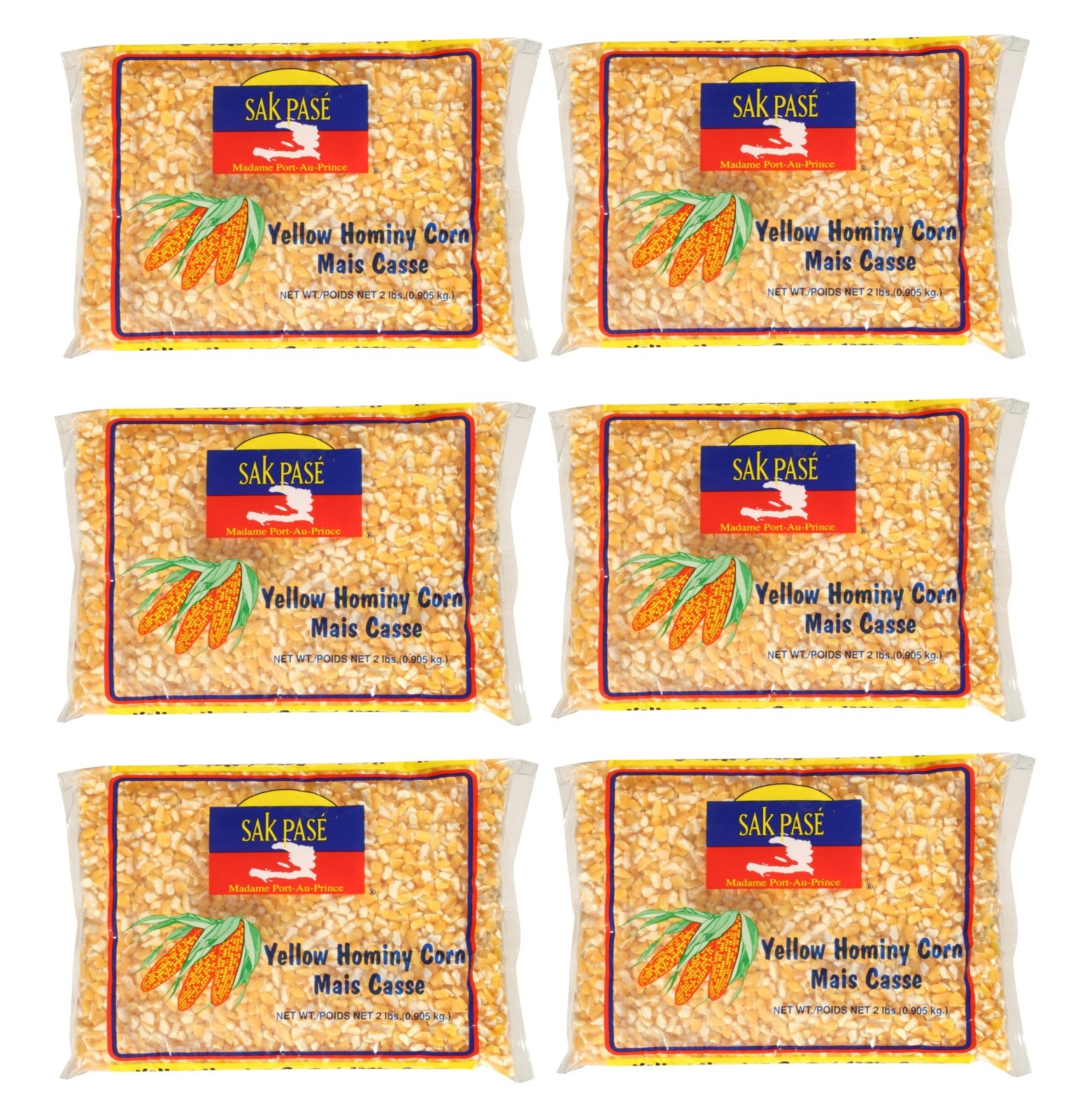6 Pack Sak Pase Cornmeal Hominy Size 2 lb Bags – Mais Cassé Broken Yellow Corn