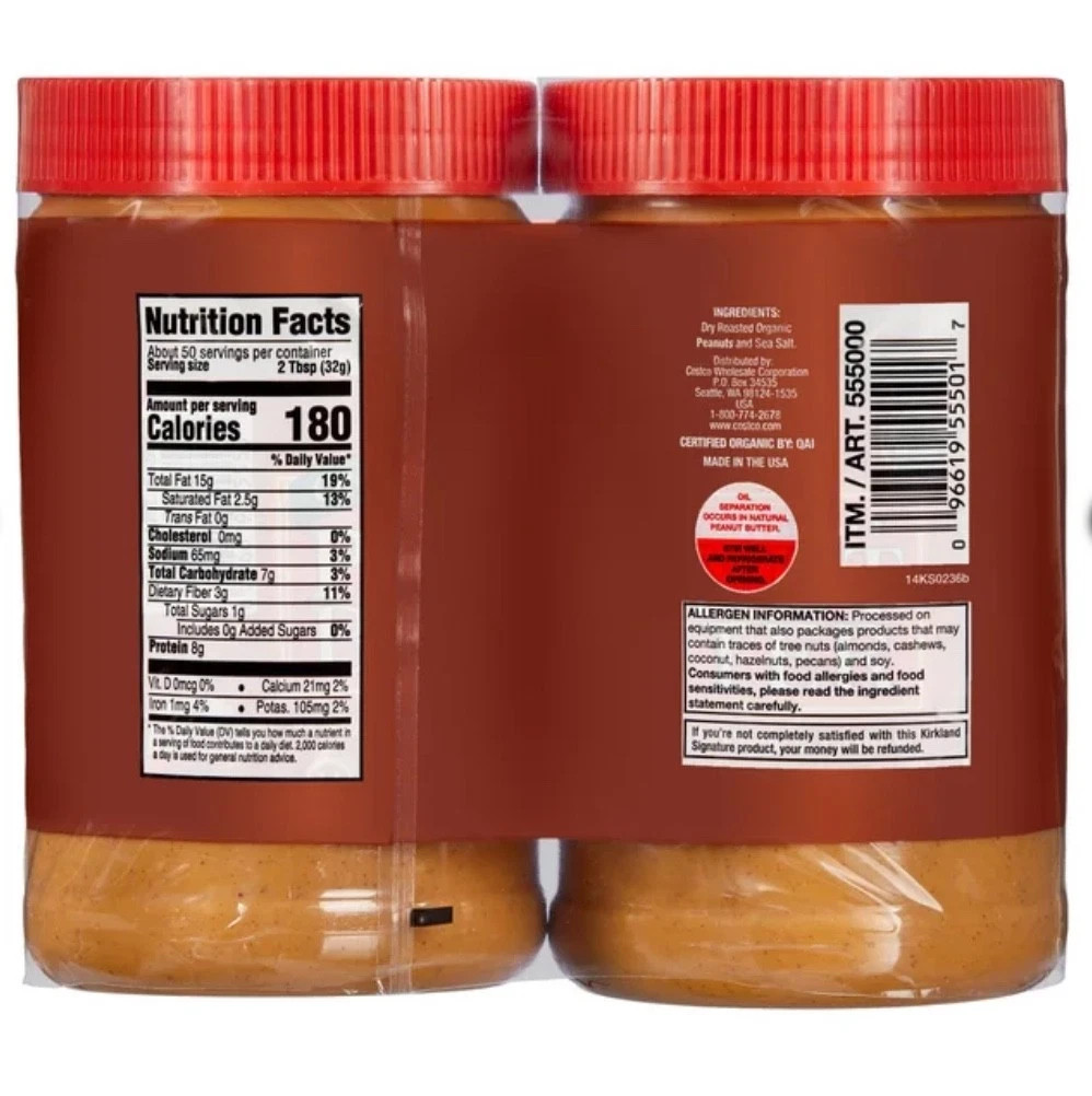 2 Jars Kirkland signature creamy Organic Peanut Butter 28 oz .