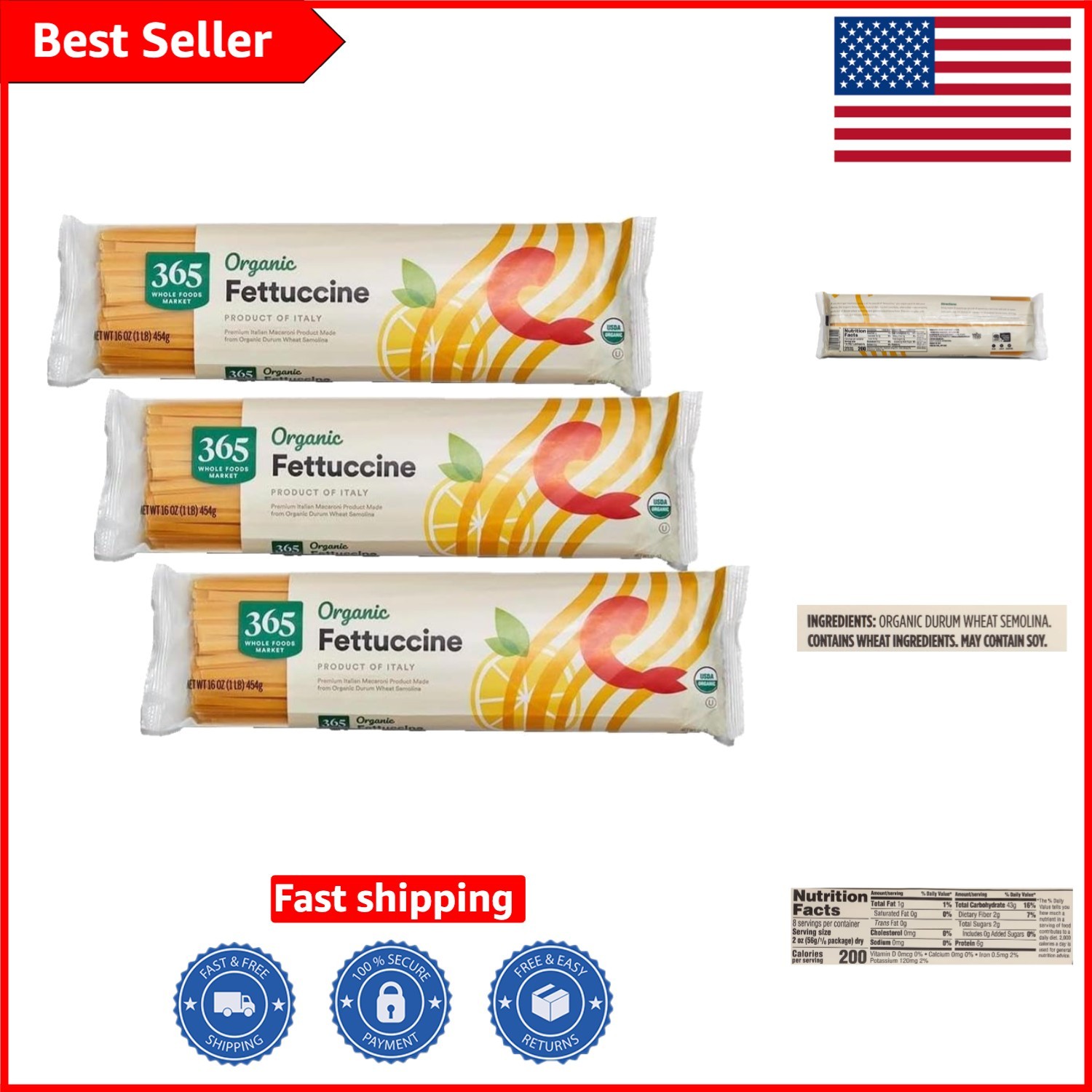 Organic Fettuccine – 16 Ounce Pack of 3, Authentic Italian Pasta Source