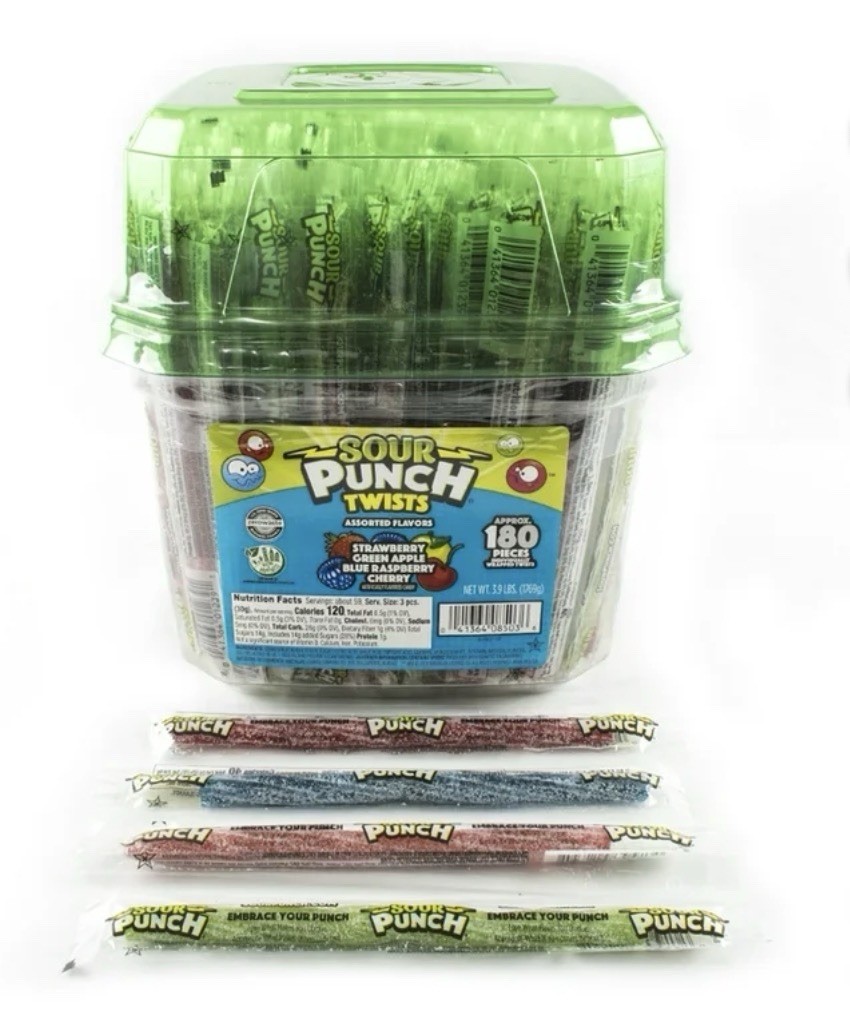 Sour Punch Twists, 6″ Individually Wrapped Soft & Chewy Candy Tub, 4 Fruit