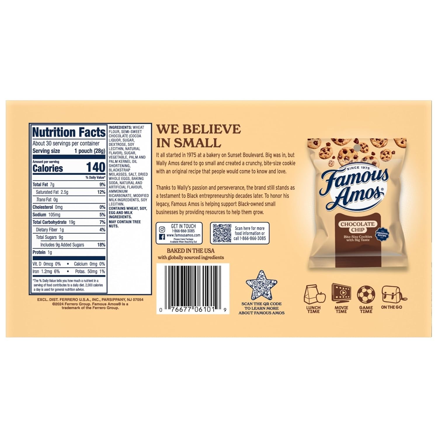Famous Amos Original Recipe Chocolate Chip Bite-Size Cookies, 30 Pack Box, 30 oz