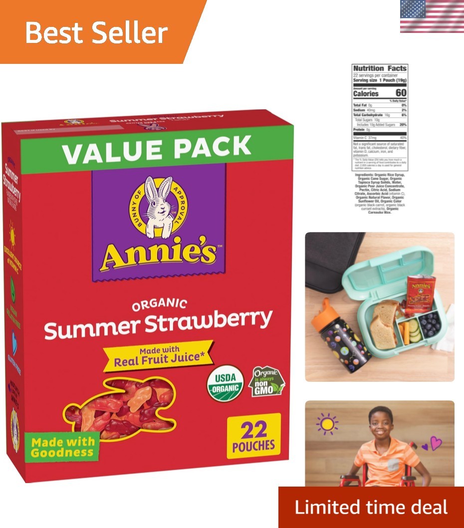 Bunny-Shaped Summer Strawberry Organic Gummies – 22 Gluten-Free Pouches for Kids