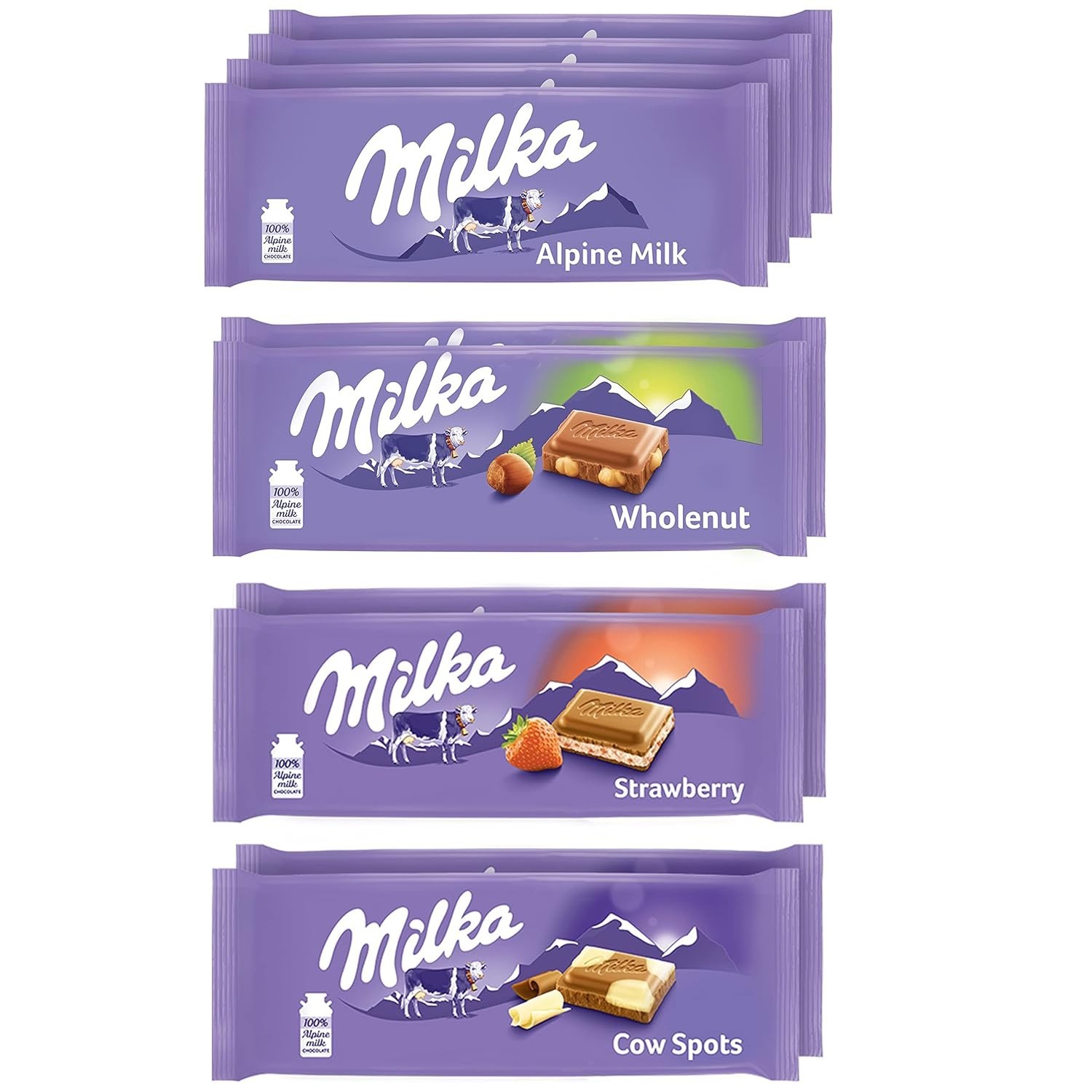 Milka Chocolate Variety Bars 10, Alpine, Cow Spots, Strawberry & Whole Hazelnut