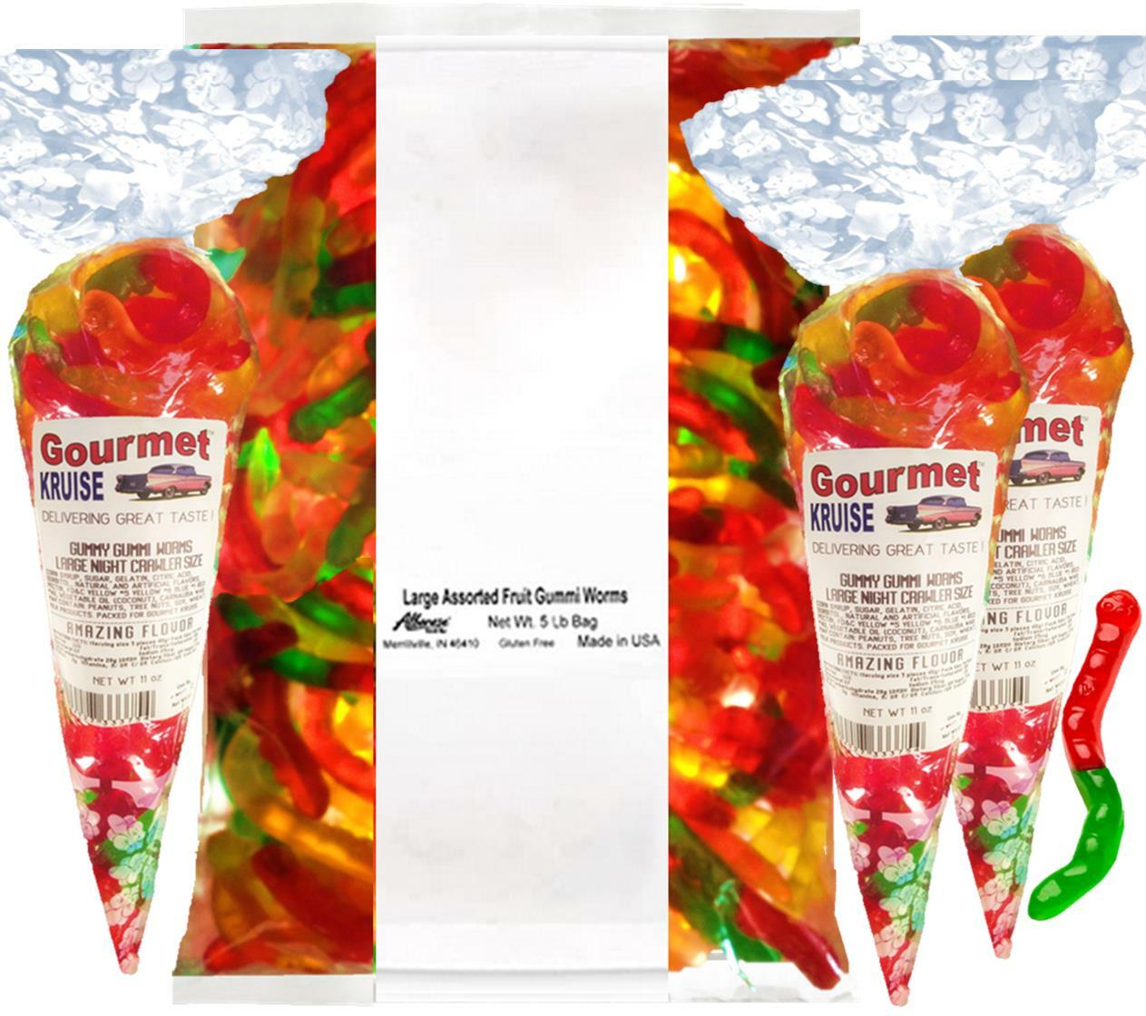 Albanese Large Gummy Gummi Fruit Worms 5lb +(3) Gourmet Kruise® Gift Bags 11oz