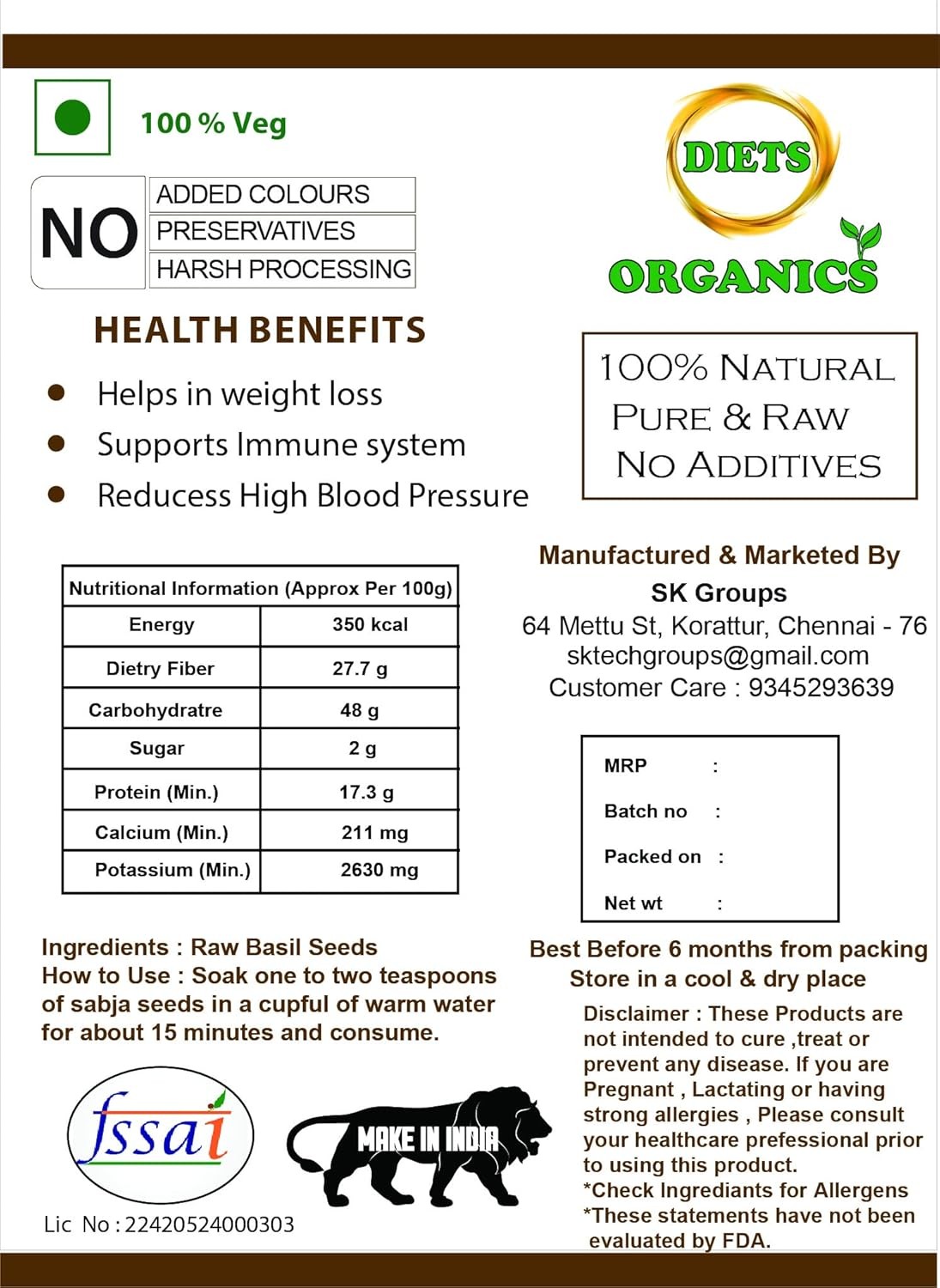 Diets Organics Sabja Basil Seeds 300gm
