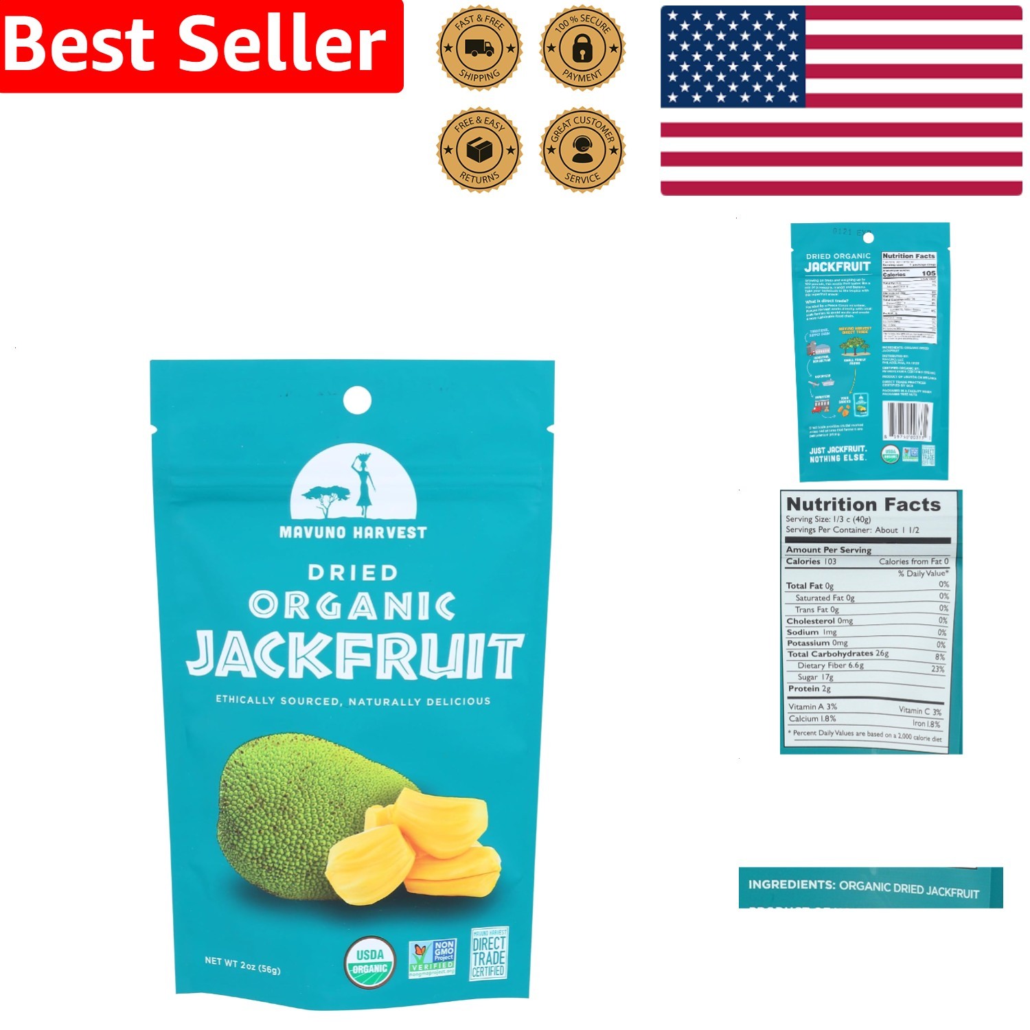 Sweet Organic Jackfruit Snacks 2 Oz – , Fair Trade, Natural Fruit Chip
