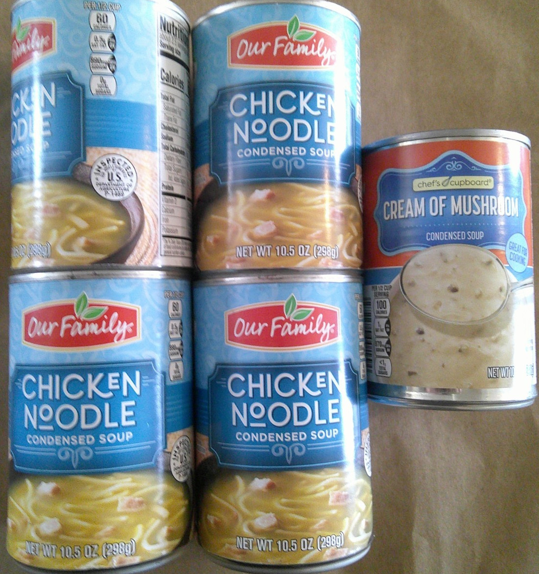 LOT 5 Our Family Chicken Noodle/Chef’s Cupboard Cream of Mushroom condensed soup